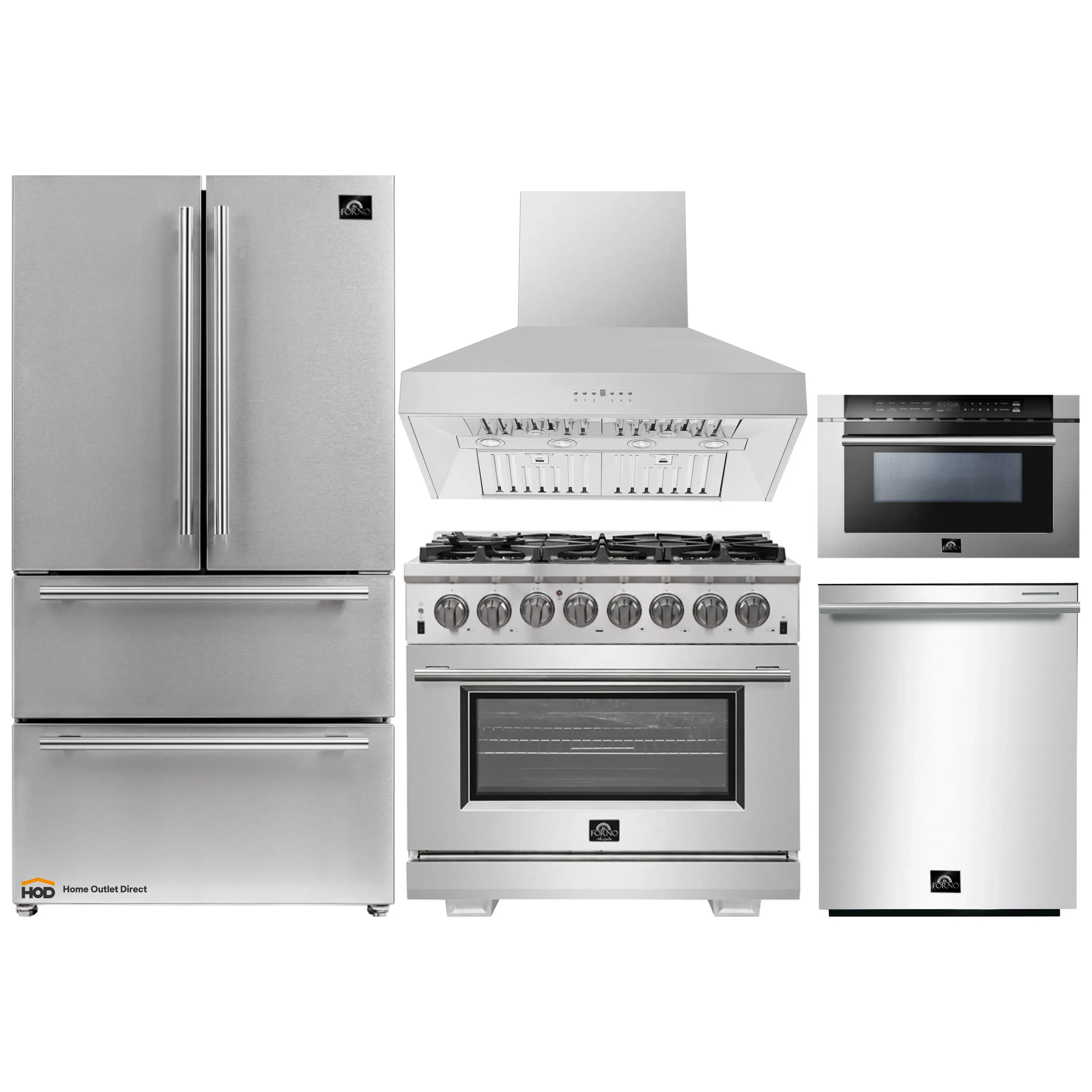 Forno 5-Piece Pro Appliance Package - 36-Inch Dual Fuel Range, Refrigerator, Wall Mount Hood, 24-Inch Microwave Drawer, & 3-Rack Dishwasher in Stainless Steel