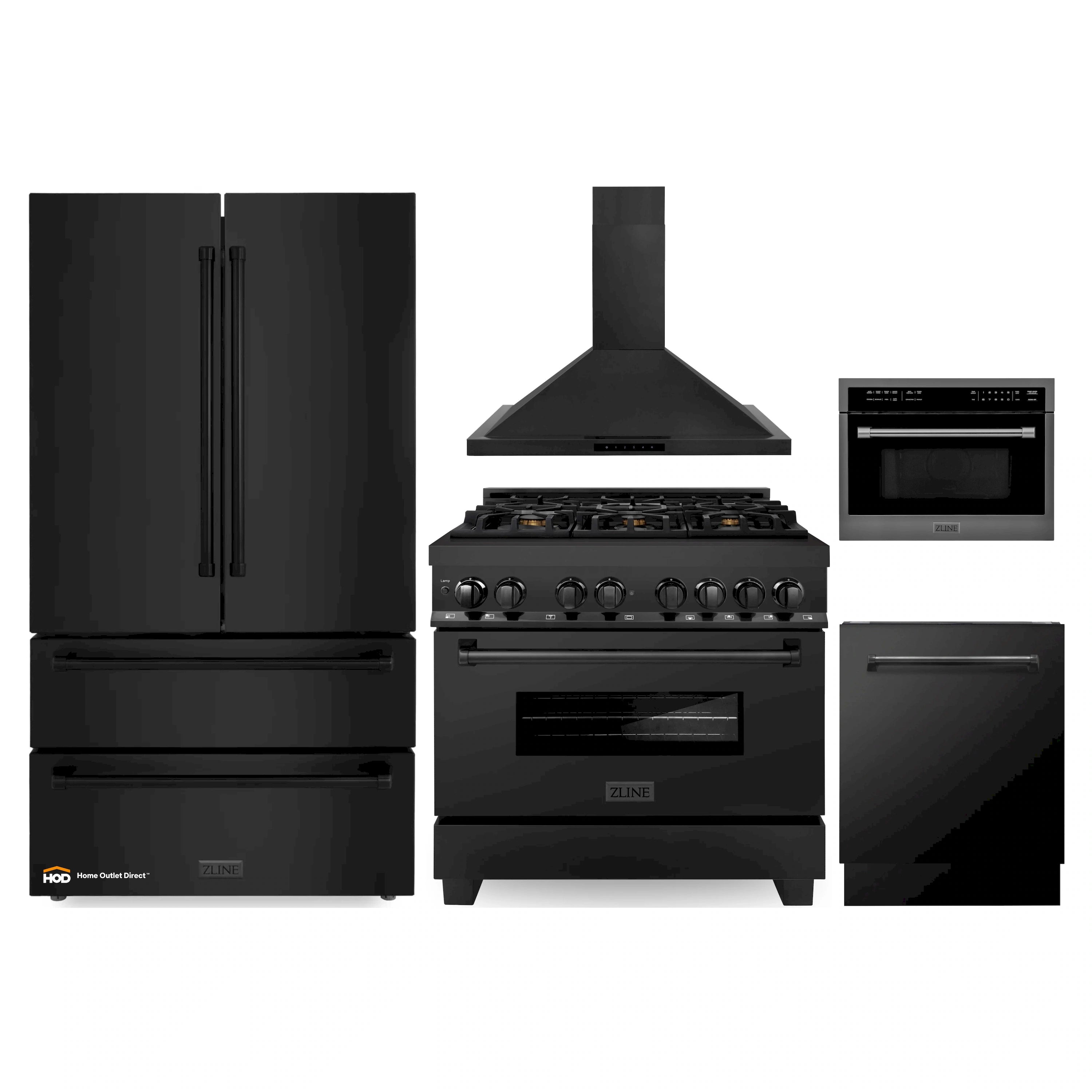 ZLINE 5-Piece Appliance Package - 36-Inch Dual Fuel Range, Refrigerator, Convertible Wall Mount Hood, Microwave Oven, and 3-Rack Dishwasher in Black Stainless Steel