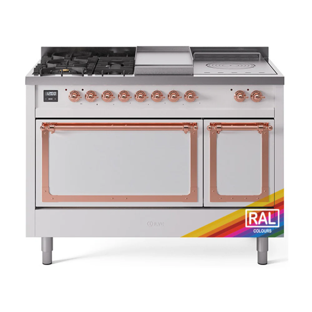 ILVE 48-Inch Nostalgie II Noblesse Dual Fuel Range with 5 Sealed Burners, Griddle, French Top and Solid Door Oven in Custom RAL with Copper Trim (UN48FSQNMPRAP)