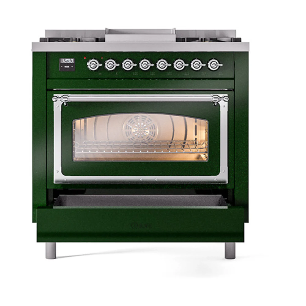 ILVE Nostalgie II Noblesse 36-Inch Dual Fuel Range and Triple Glass Door in Emerald Green with Chrome Trim (UN36FNMPEGC)