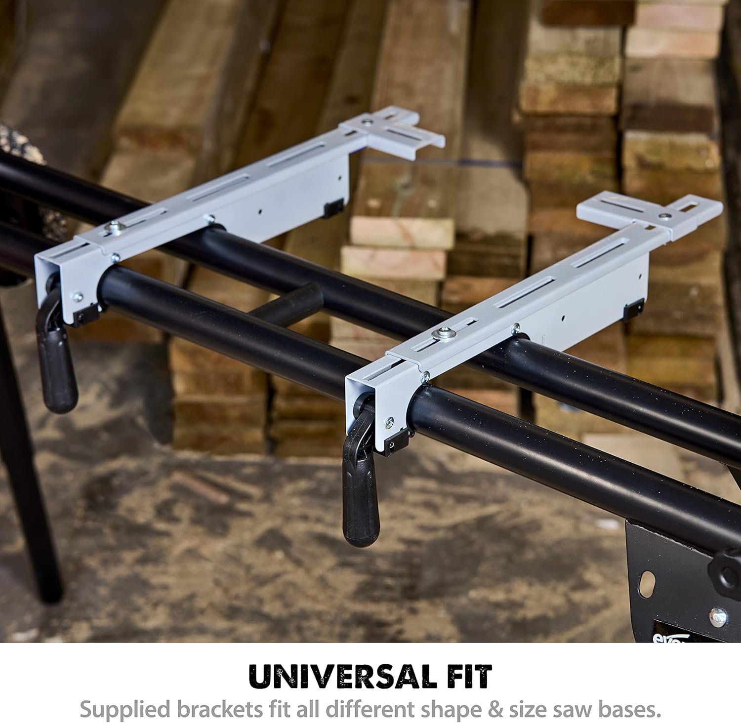 Evolution Power Tools Miter Saw Stand PLUS - Compact Folding Stand with Extendable Arms, Large Wheels, Universal Fittings for Most Brands Evolution, Makita, DeWalt, Bosch, Ryobi, Einhell and Metabo