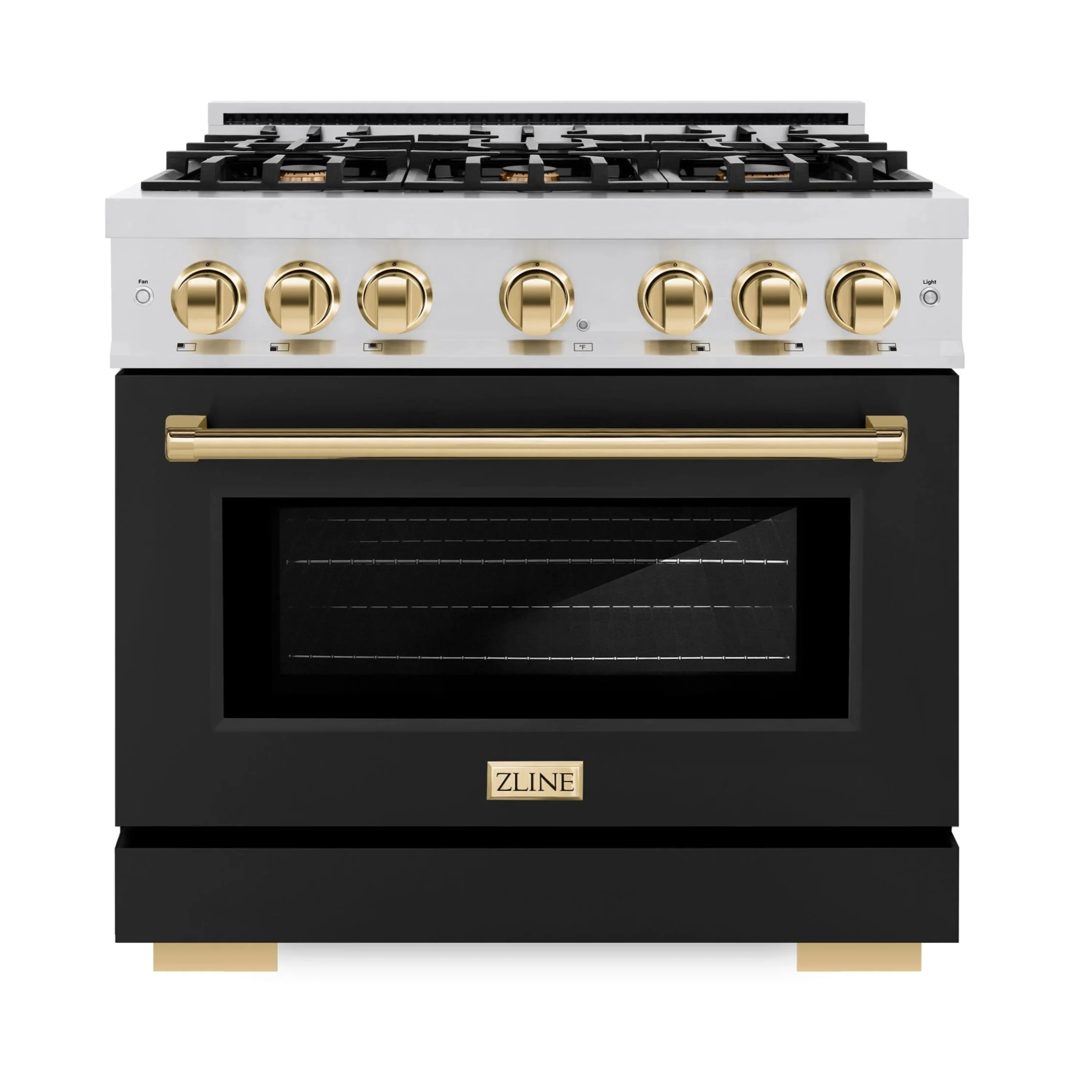 ZLINE Autograph Edition 36-Inch Select Series Dual Fuel Range with 6 Gas Burner Cooktop and 5.2 Cu. Ft. Electric Convection  in Stainless Steel with Black Matte Door and Polished Gold Accents (HDRZ-BLM-36-G)