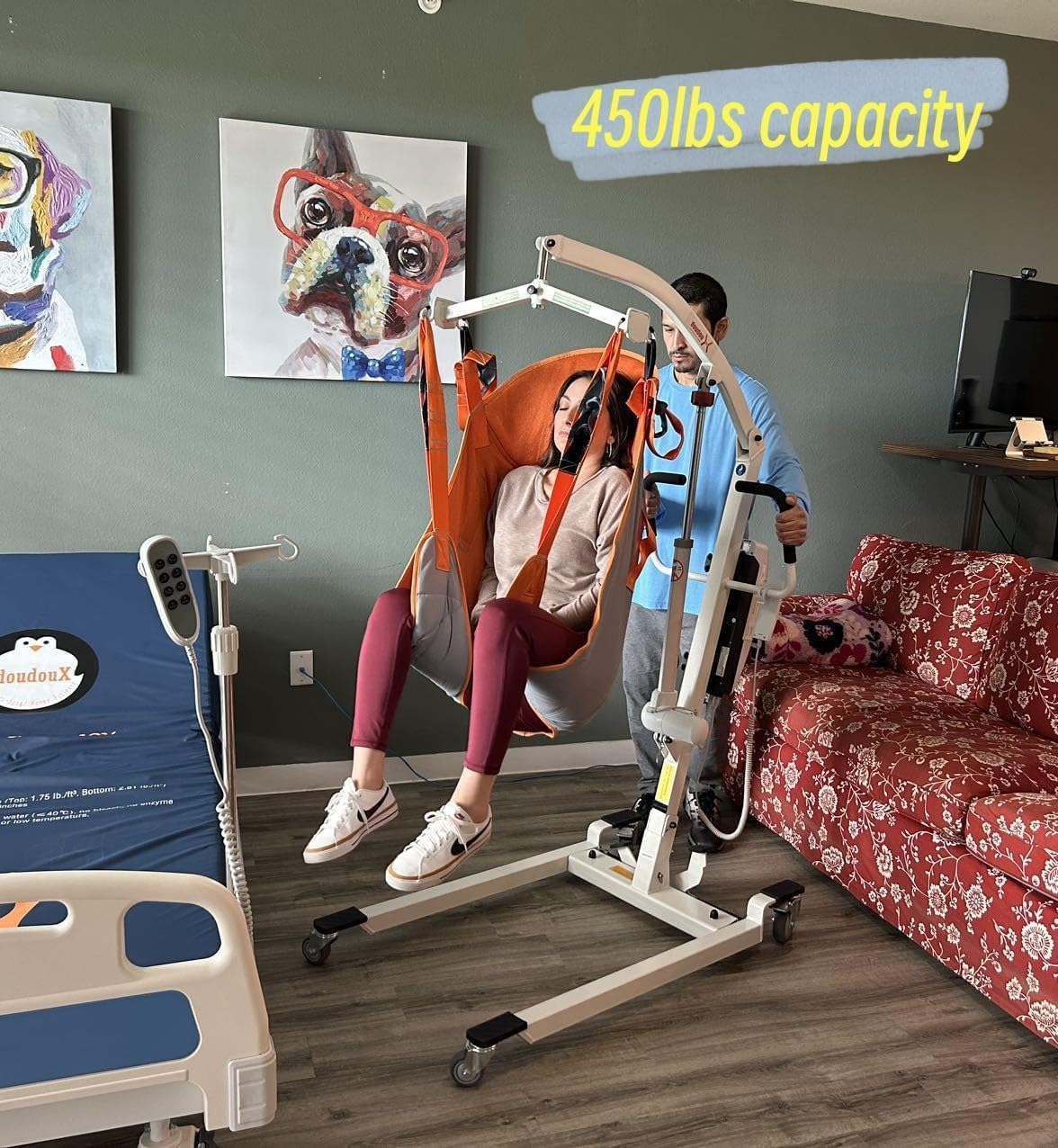 doudouX 3-in-1 Electric Patient Lift for Home use and car Transfer, with Luxury High-Back Universal Sling, 450LBs Capacity