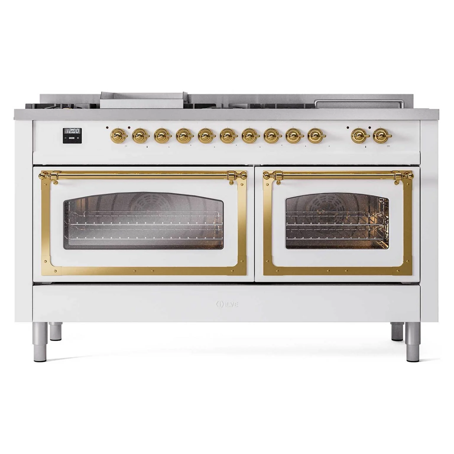 ILVE 60-Inch Nostalgie II Noblesse Dual Fuel Range with 7 Sealed Burners, Griddle, French Top, and Triple Glass Door Oven in RAL with Brass Trim (UN60FSNMPRAG)