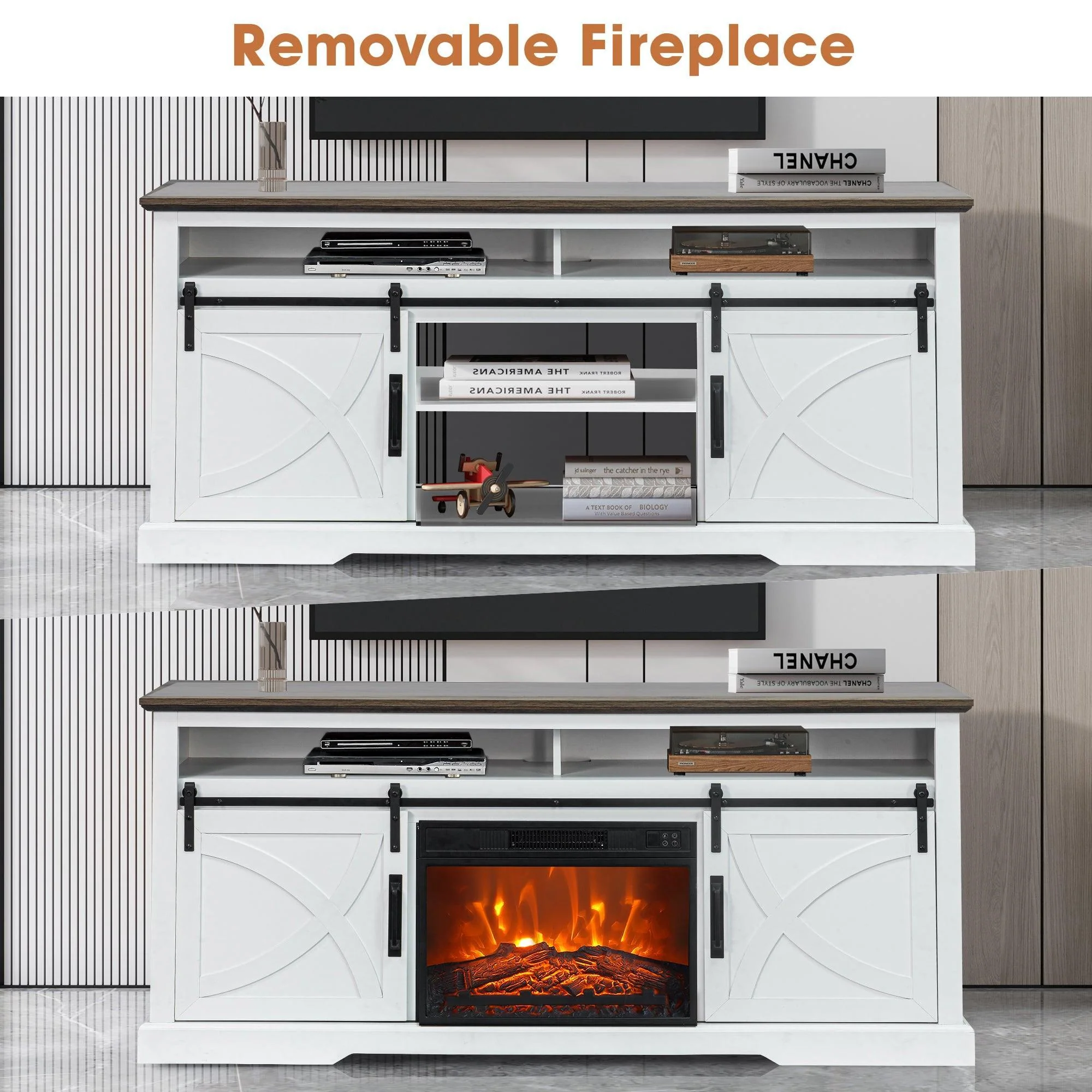 Parrot Uncle 68-Inch Farmhouse TV Stand with 23-Inch Insert Opening Electric Fireplace