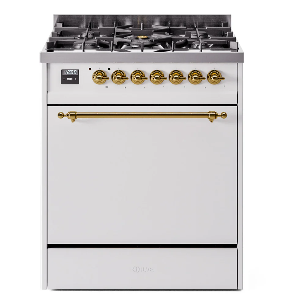 ILVE Nostalgie II 30-Inch Dual Fuel Range with Solid Door in White with Brass Trim (UP30QNMPWHG)