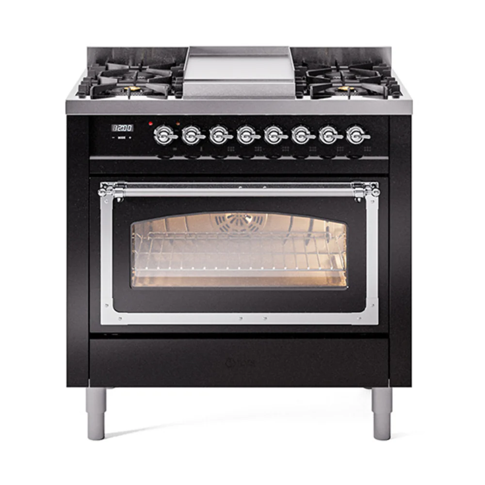 ILVE Nostalgie II Noblesse 36-Inch Dual Fuel Range and Triple Glass Door in Glossy Black with Chrome Trim (UN36FNMPBKC)