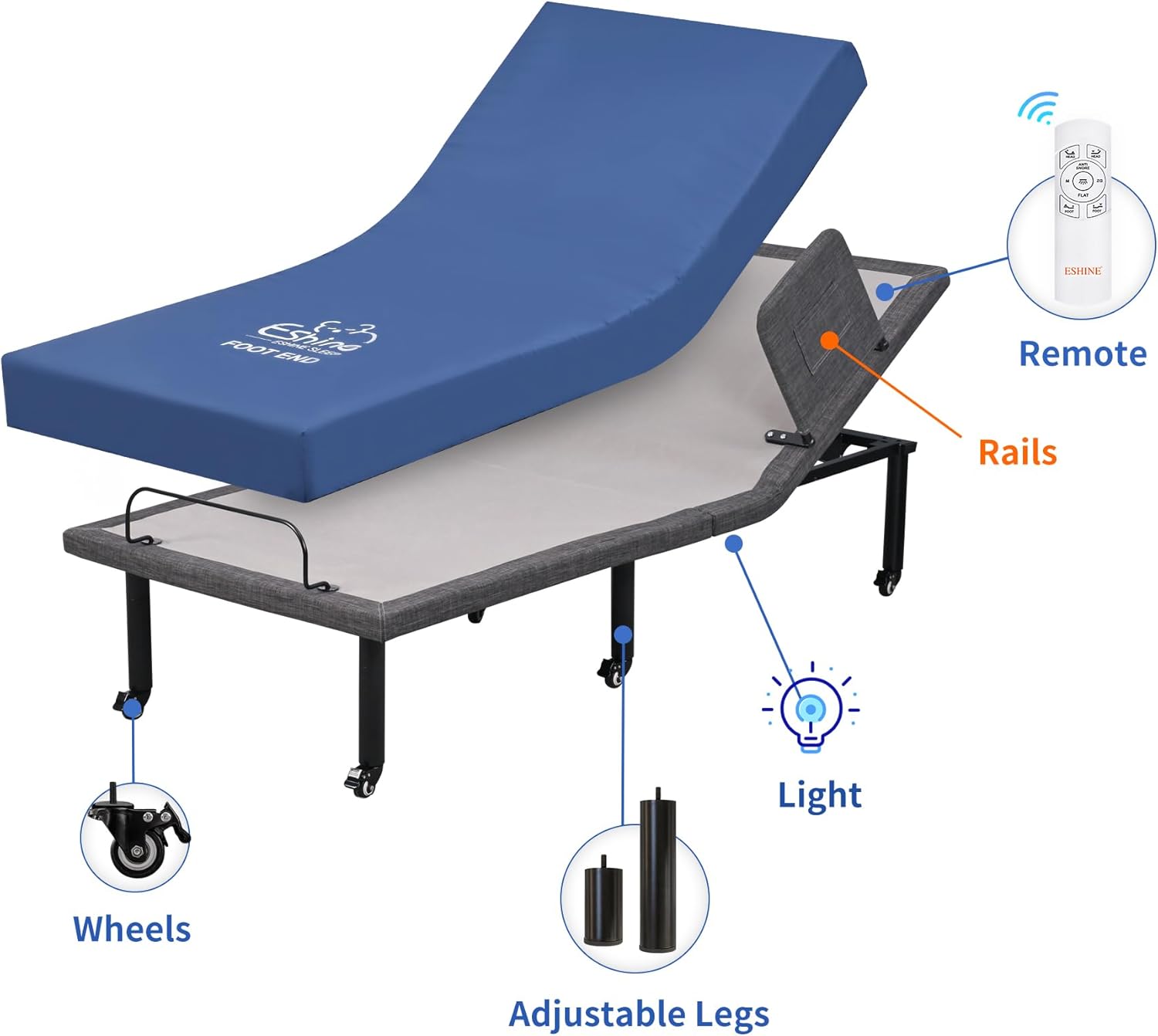 ESHINE Adjustable Bed with 6” Hospital Mattress - Bed Frame with Rails, Adjustable Heights with Wheels, Underbed Night Light, Wireless Remote, Head and Foot Inclined