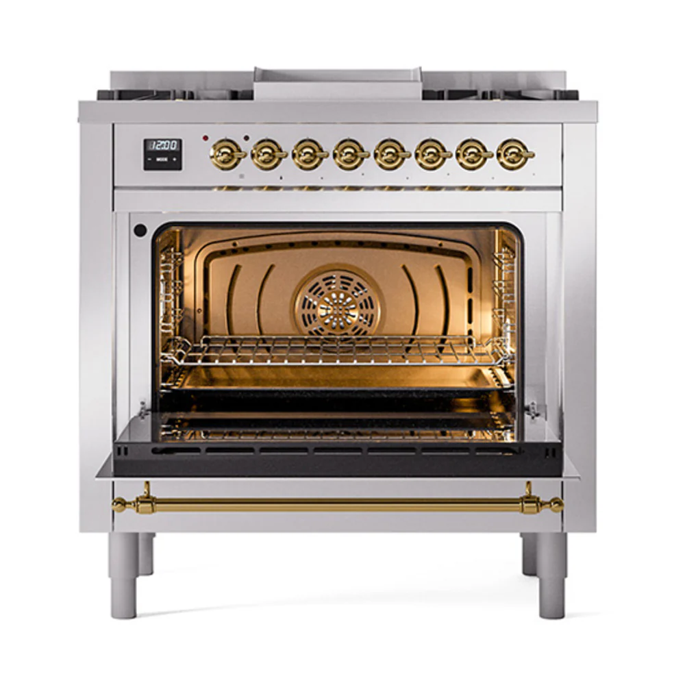 ILVE 36-Inch Nostalgie II Dual Fuel Range with 6 Burners and Solid Door Oven in Stainless Steel with Brass Trim (UP36FQNMPSSG)