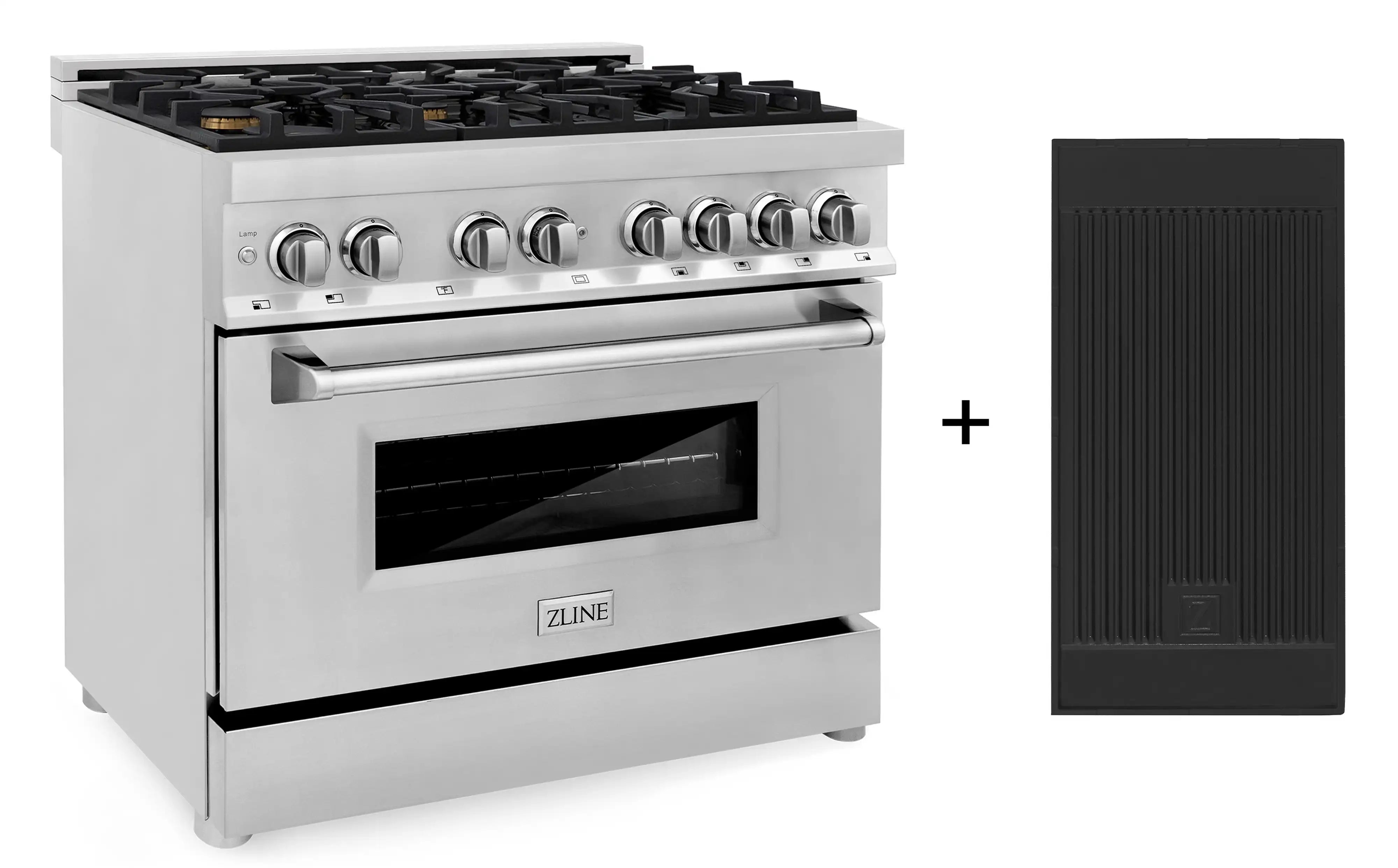 ZLINE 36-inch Legacy Series Dual Fuel Range with 6 Gas Brass Burners, Griddle, and 4.6 Cu. Ft. Electric Oven in Stainless Steel (RA-BR-GR-36)