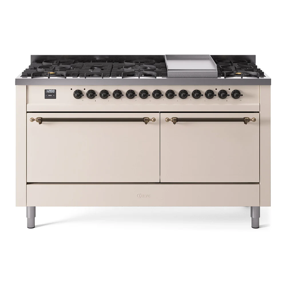 ILVE 60-Inch Nostalgie II Dual Fuel Range with 9 Burners, Griddle and Solid Door Oven in Antique White with Bronze Trim (UP60FQNMPAWB)