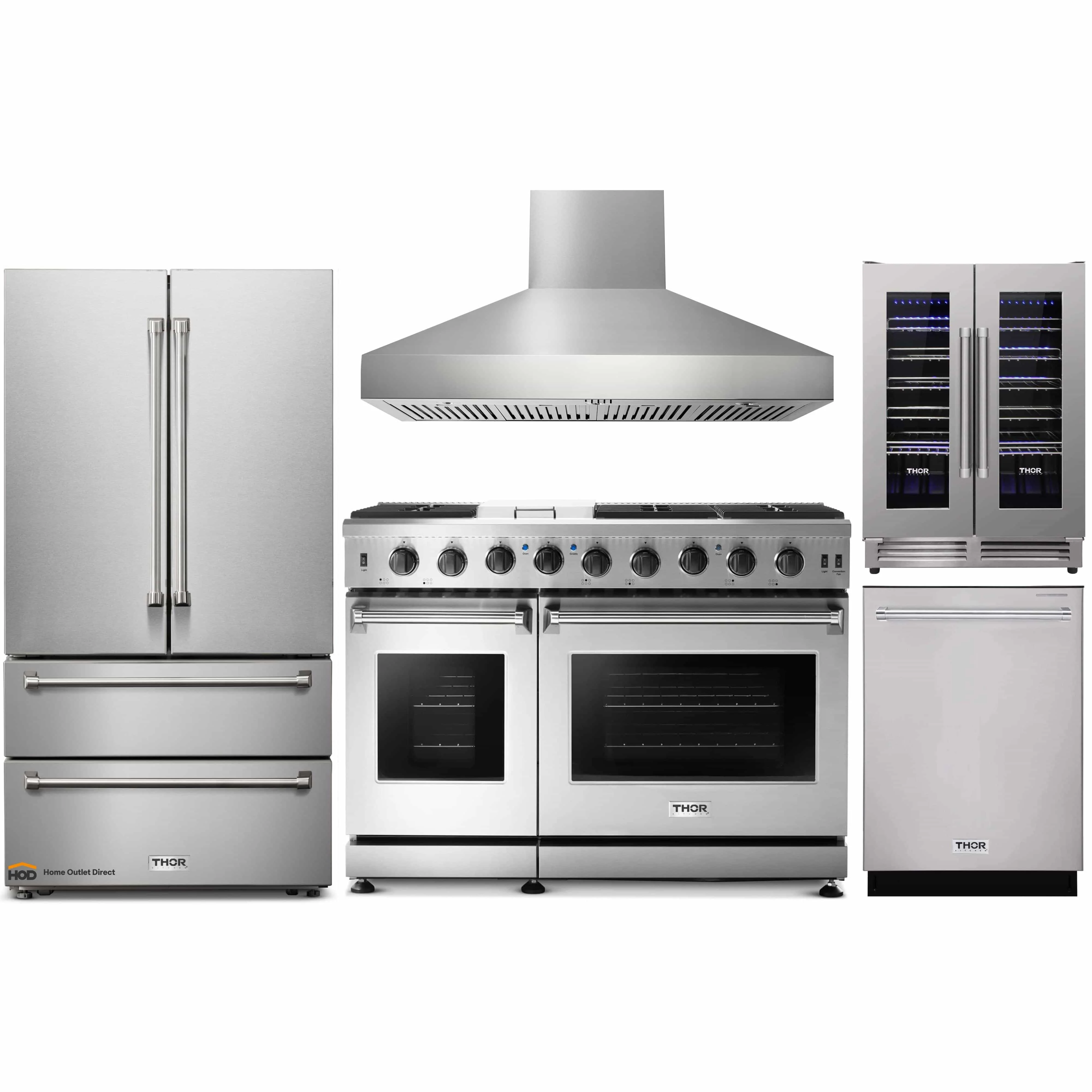 Thor Kitchen 5-Piece Appliance Package - 48-Inch Gas Range, French Door Refrigerator, Pro Wall Mount Hood, Dishwasher, and Wine Cooler in Stainless Steel