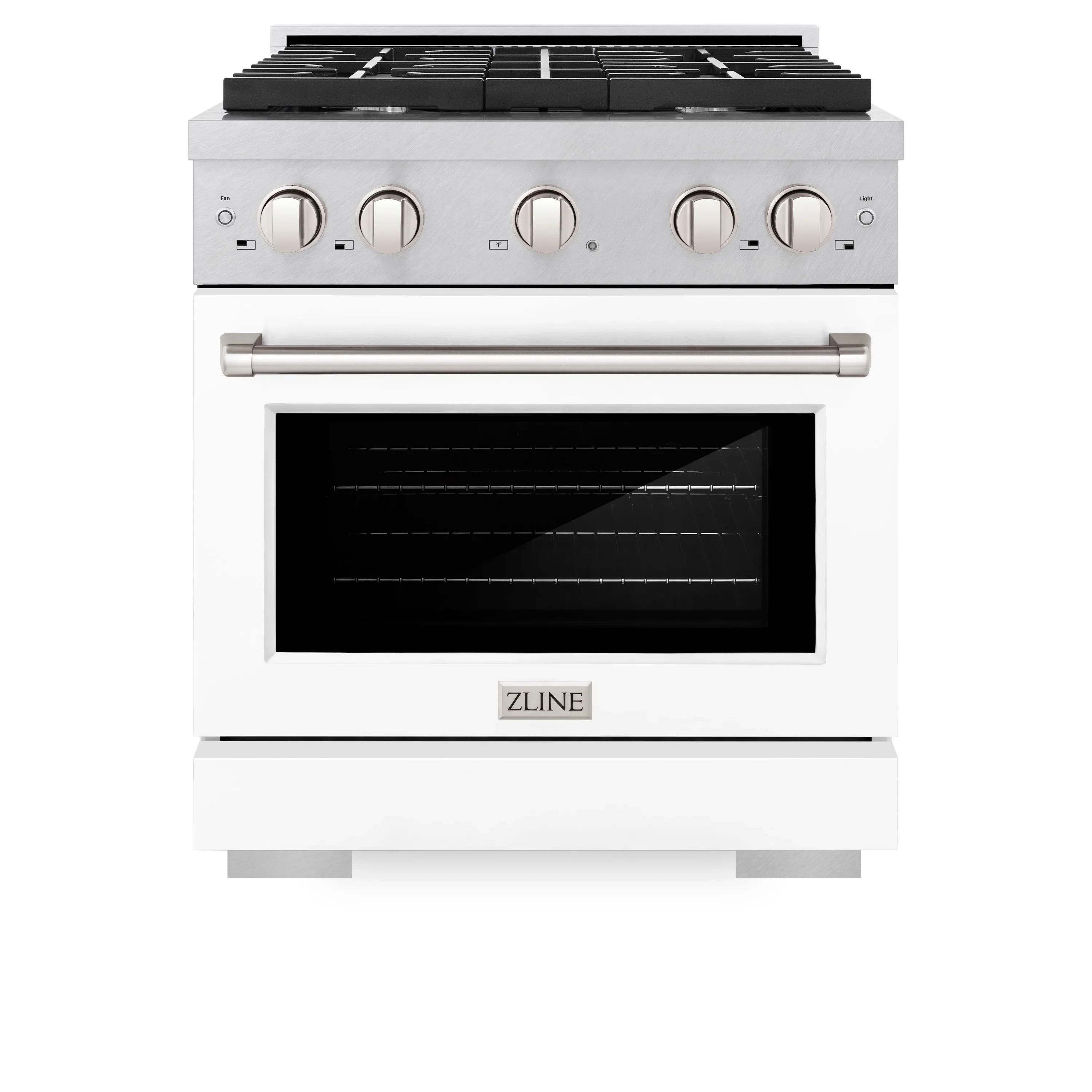 ZLINE 30-Inch 4.2 cu. ft. Paramount Dual Fuel Range with 4 Burner Gas Cooktop and Electric Convection Oven in Satin Stainless Steel with White Matte Door (SDRS-WM-30)