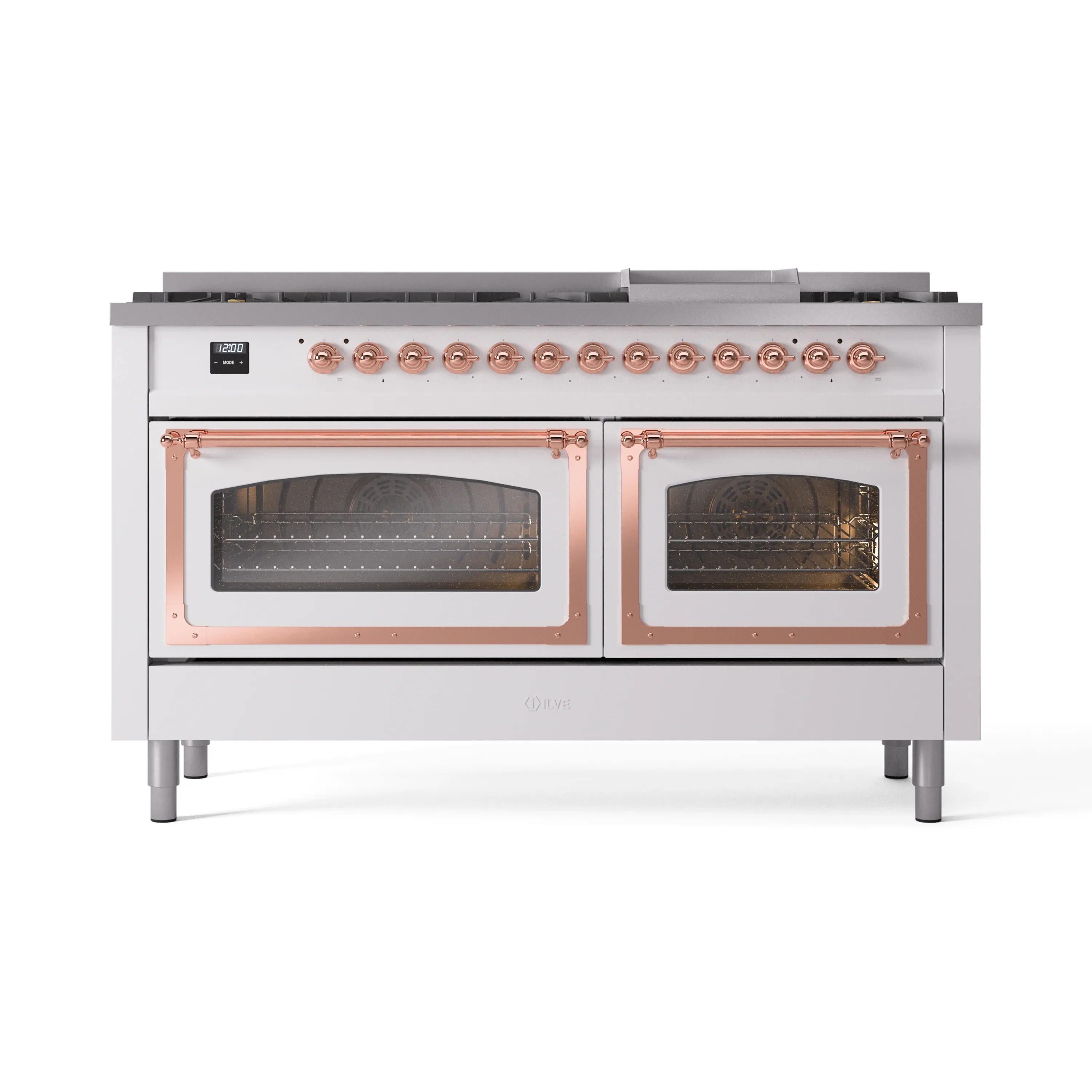 ILVE 60-Inch Nostalgie II Noblesse Dual Fuel Range with 9 Sealed Burners, Griddle, Triple Glass Door Oven in White with Copper Trim (UN60FNMPWHP)