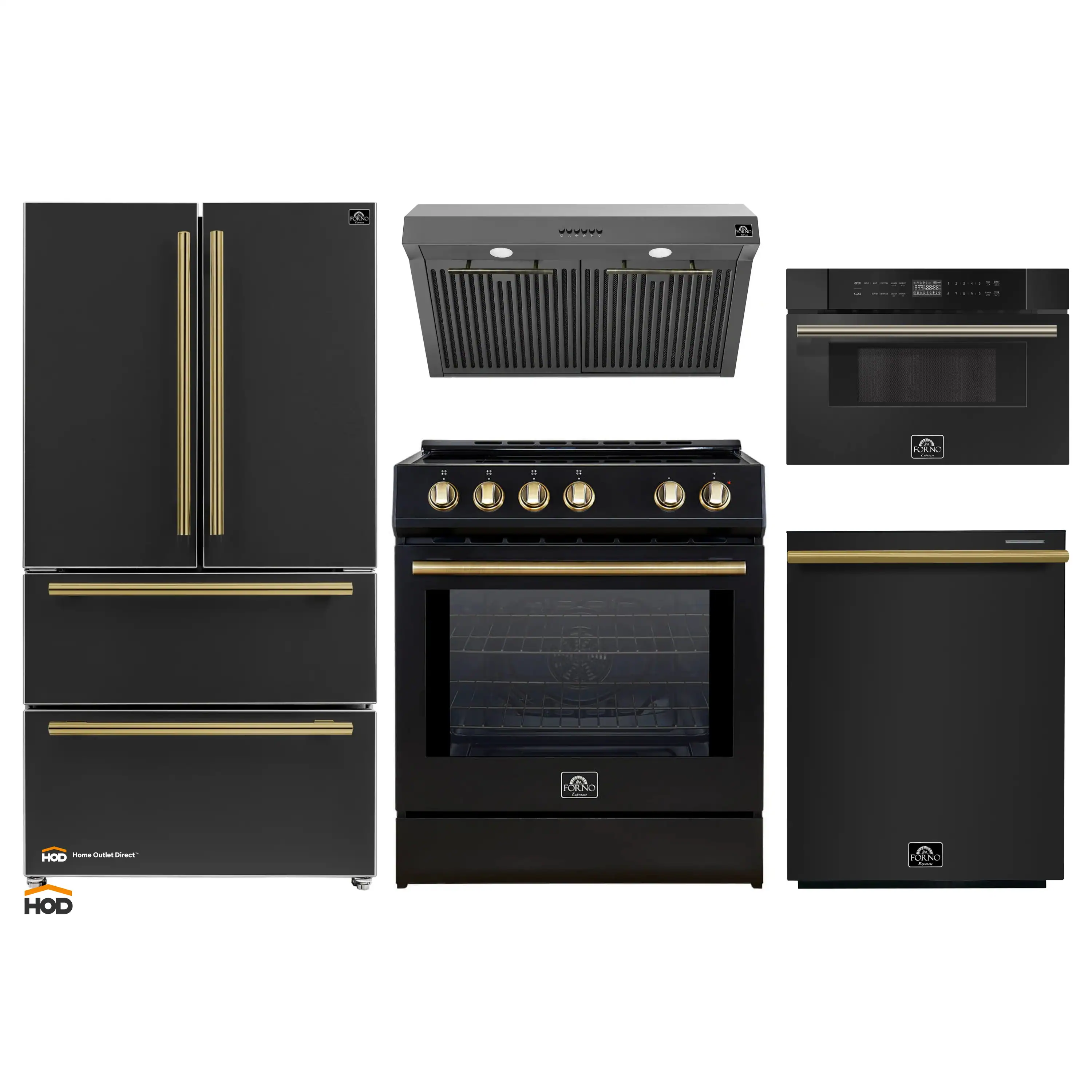 Forno 5-Piece Appliance Package - 30-Inch Induction Range, Under Cabinet Range Hood, French Door Refrigerator, Dishwasher, and 30-Inch Microwave Drawer in Black with Antique Brass Trim