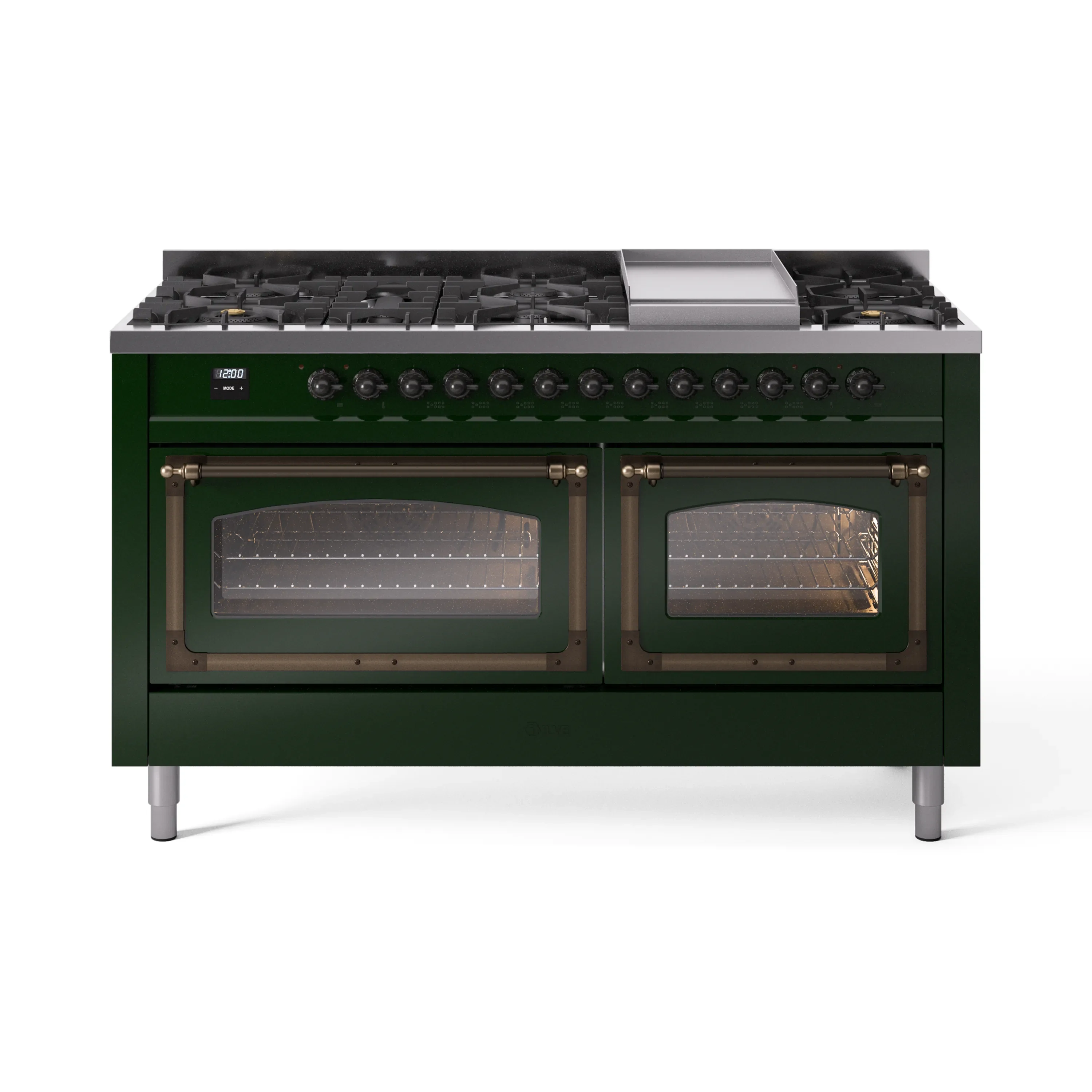 ILVE 60-Inch Nostalgie II Noblesse Dual Fuel Range with 9 Sealed Burners, Griddle, Triple Glass Door Oven in Emerald Green with Bronze Trim (UN60FNMPEGB)
