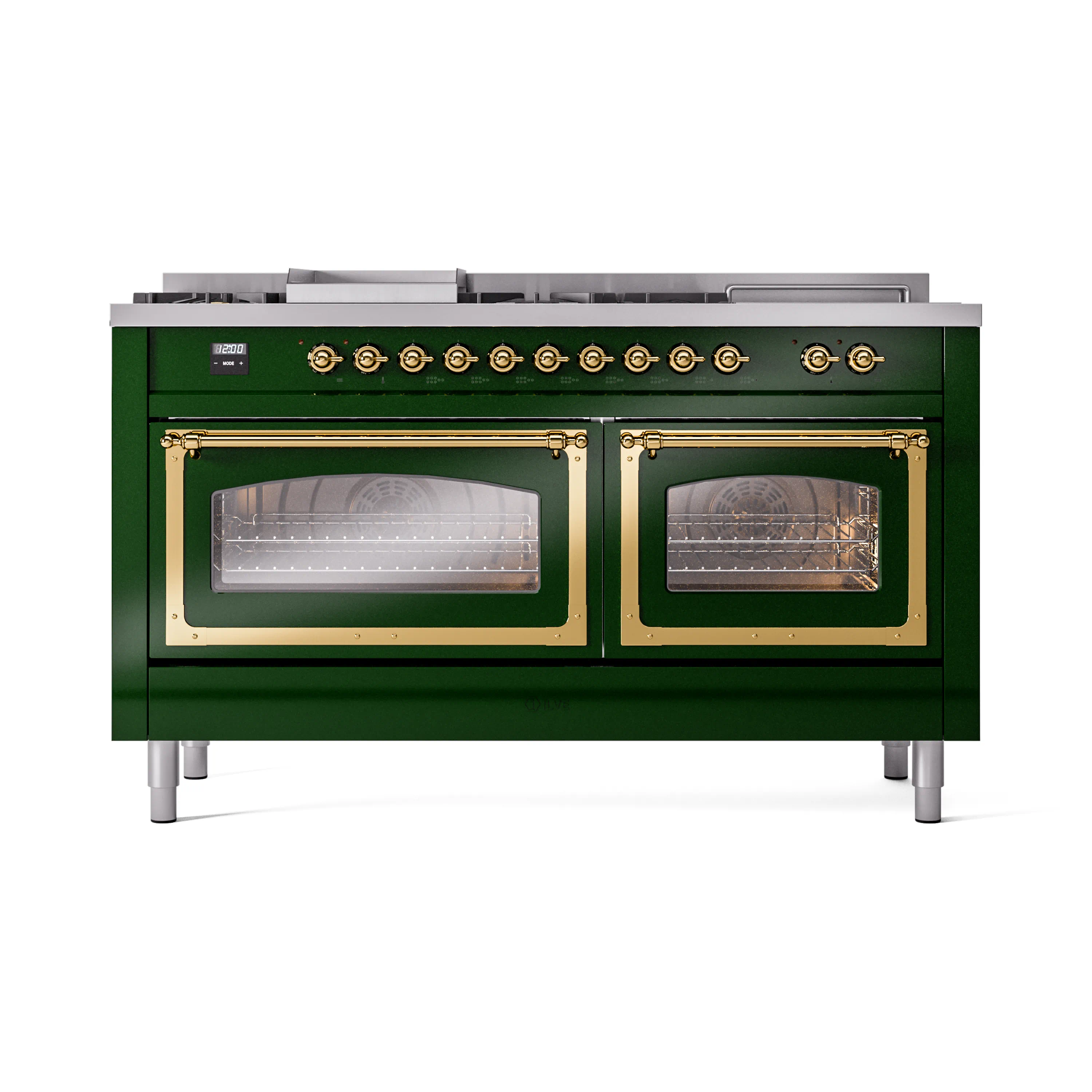 ILVE 60-Inch Nostalgie II Noblesse Dual Fuel Range with 7 Sealed Burners, Griddle, French Top, and Triple Glass Door Oven in Emerald Green with Brass Trim (UN60FSNMPEGG)