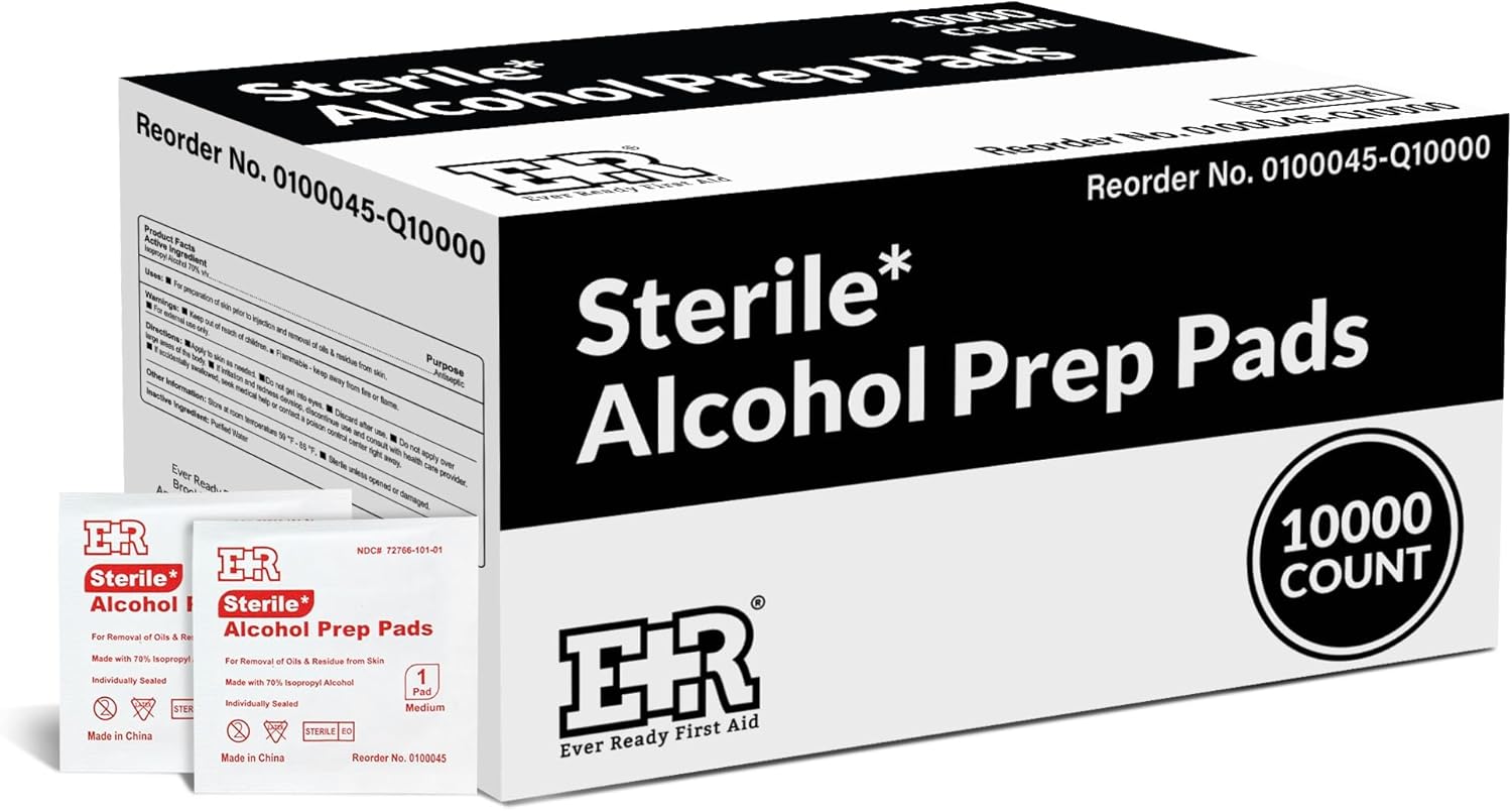 Ever Ready First Aid Alcohol Prep Pads, Medium 2-Ply Alcohol Wipes, Individually Wrapped Swabs, Saturated with 70% Isopropyl Alcohol - 10,000 Count
