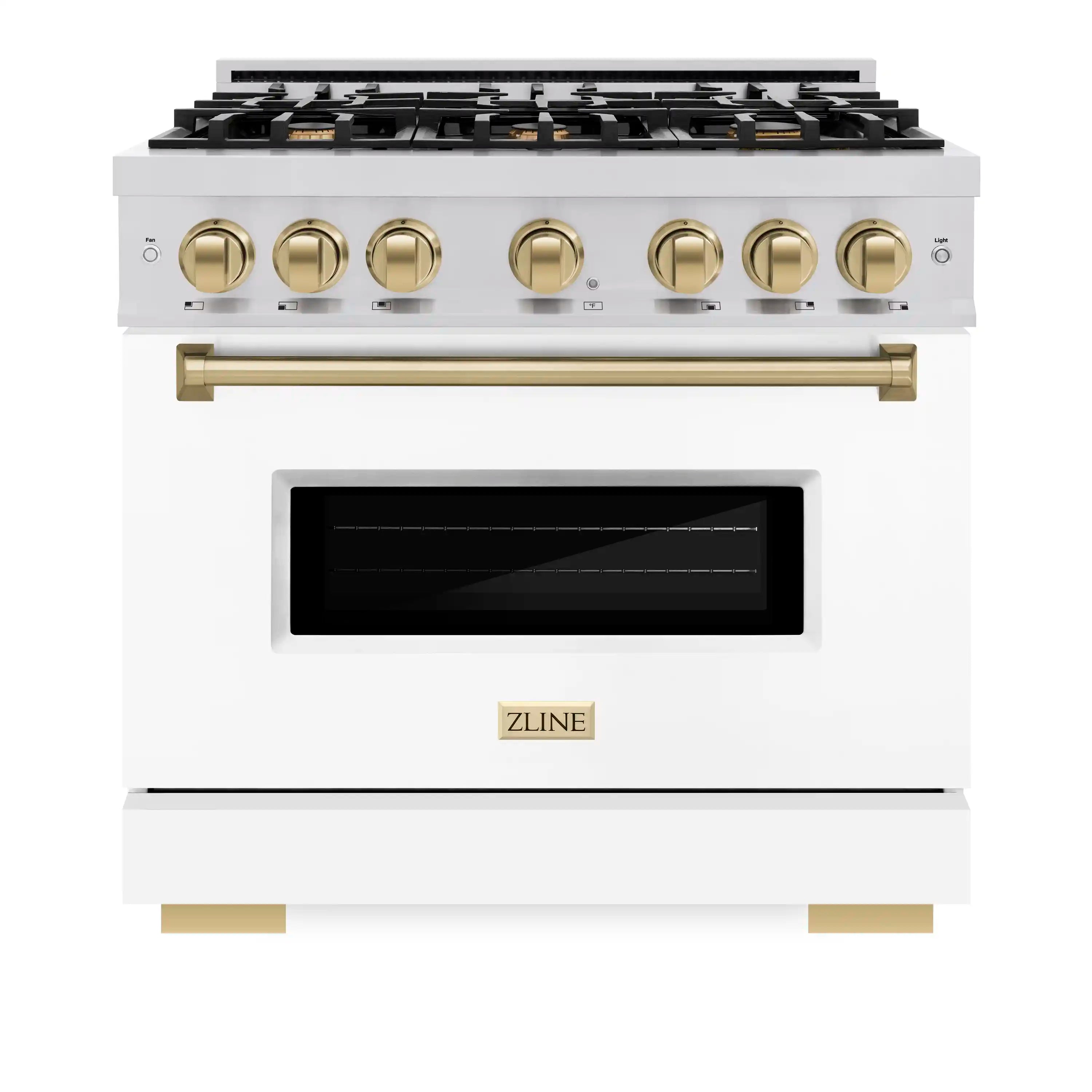 ZLINE Autograph Edition 36-Inch Classic Series Gas Range with 6 Gas Burners and 5.2 Cu. Ft. Gas Convection Oven in Stainless Steel with White Matte Door and Champagne Bronze Accents (CGRZ-WM-36-CB)