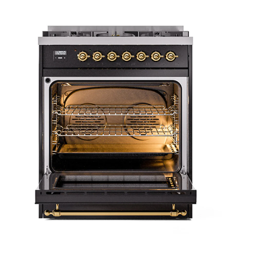 ILVE Nostalgie II 30-Inch Dual Fuel Range with Solid Door in Glossy Black with Brass Trim (UP30QNMPBKG)