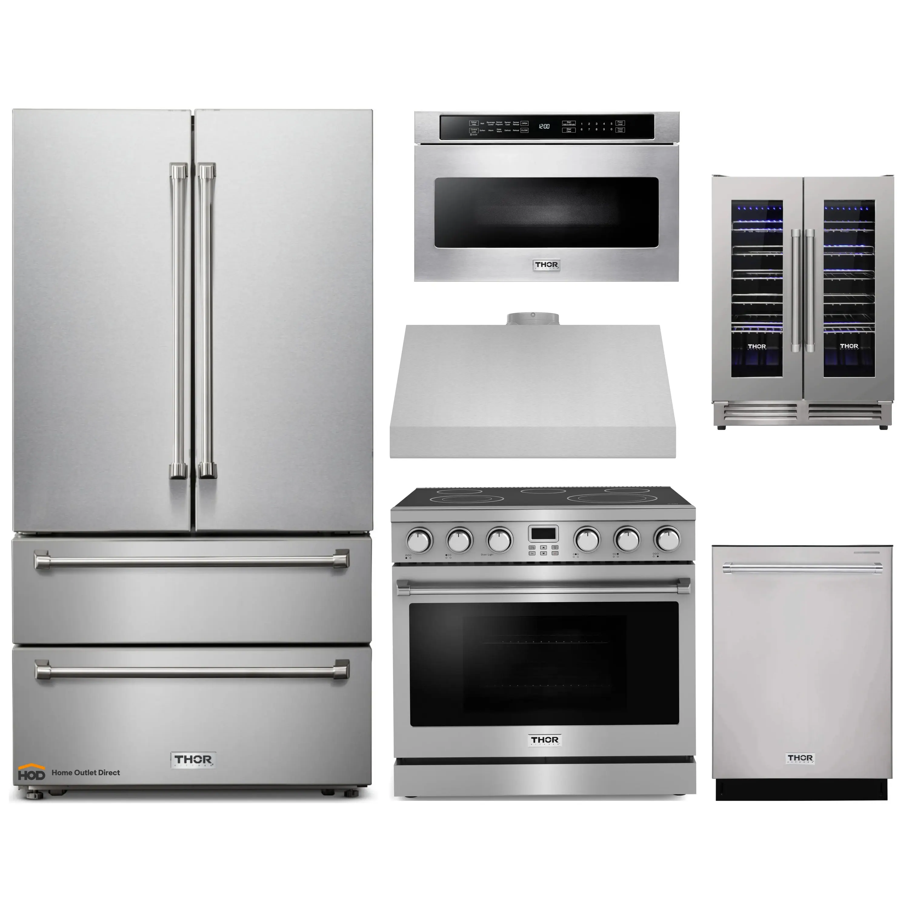 Thor Kitchen A-Series 6-Piece Appliance Package - 36-Inch Electric Range, Under Cabinet Range Hood, Refrigerator, Dishwasher, Microwave, and Wine Cooler in Stainless Steel