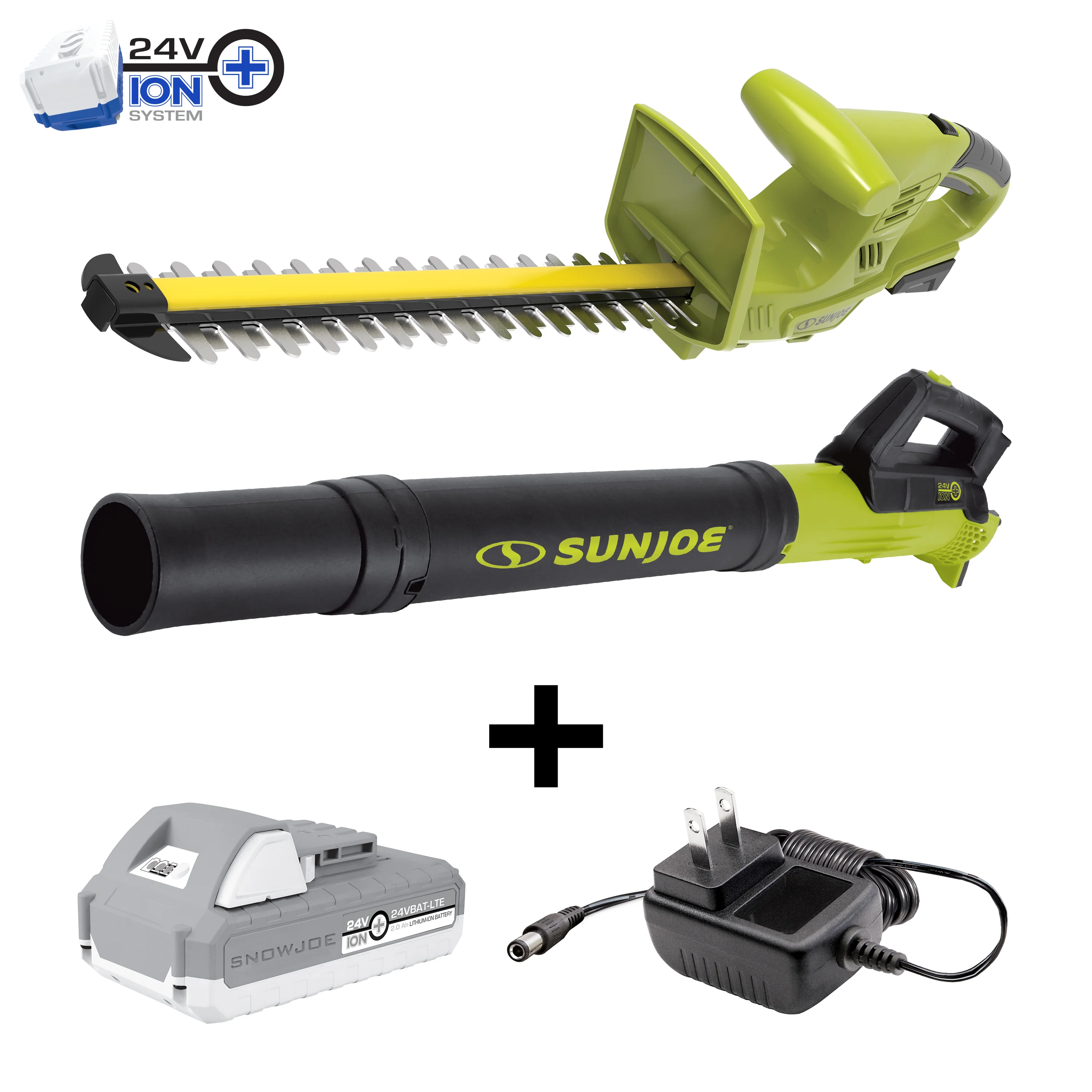 Sun Joe 24V-HT18-TB-LTE Garden Combo Kit w/ 24V* 2.0-Ah Batteries + Charger | Hedge Trimmer | Turbine Blower