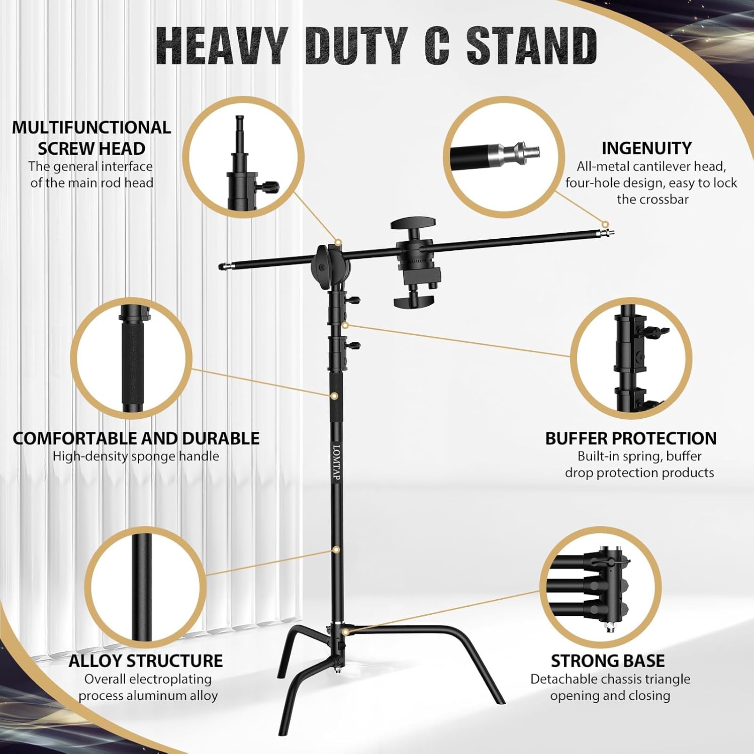 LOMTAP C Stand Light Stand Stainless Metal Photography Kit - Heavy Duty 6.8ft/210cm Vertical Pole, 2.8ft/87cm Boom Arm, Adjustable Base, Water Sandbag, 2 Grip Heads, 3 Clips for Softbox, Reflector