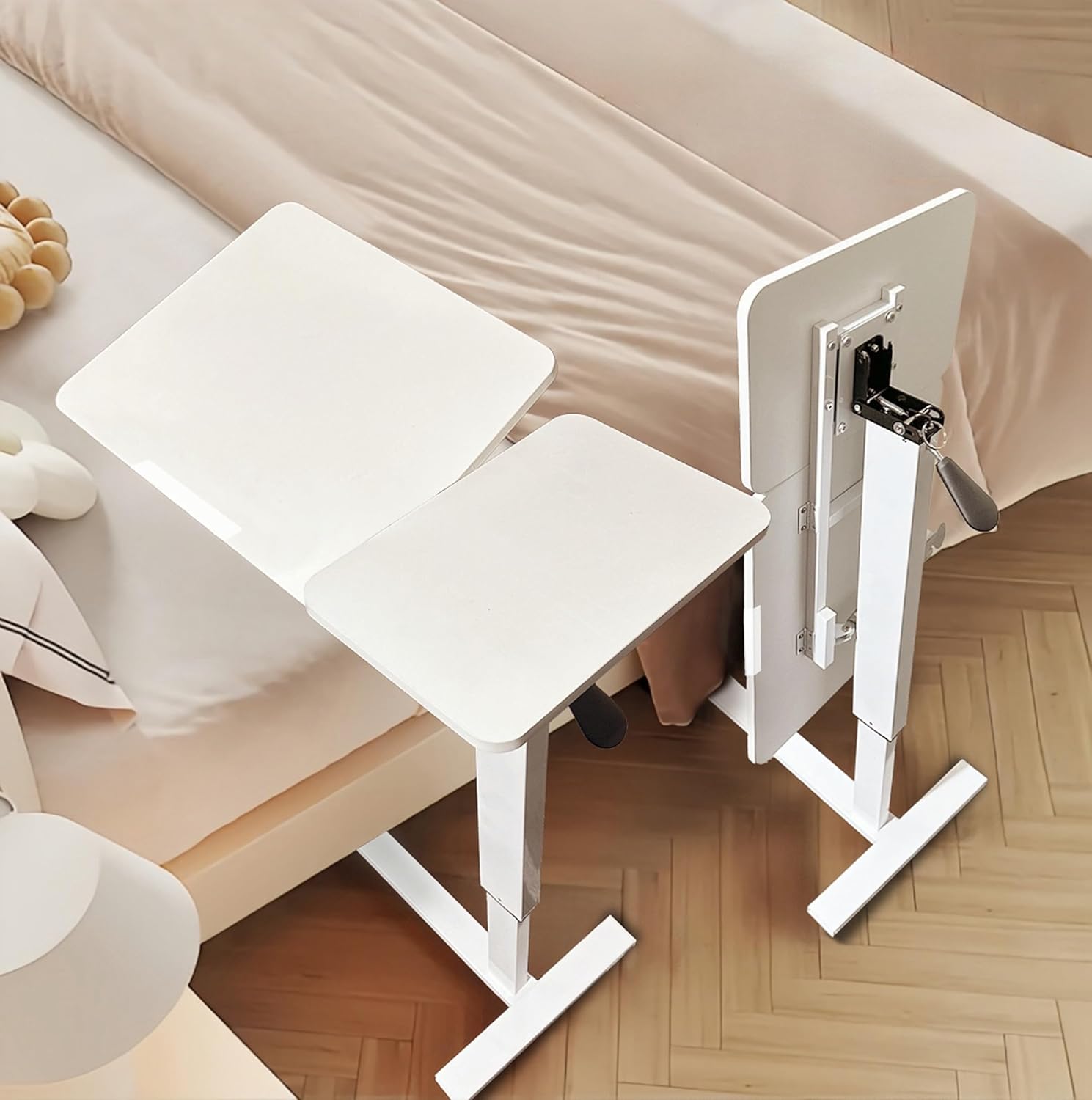 Upgraded Overbed Bedside Desk with Hidden Wheels, Height Adjustable Rolling Laptop Stand with Extended Front Stopper, Tilting Over Bed Table for Bed Sofa, White
