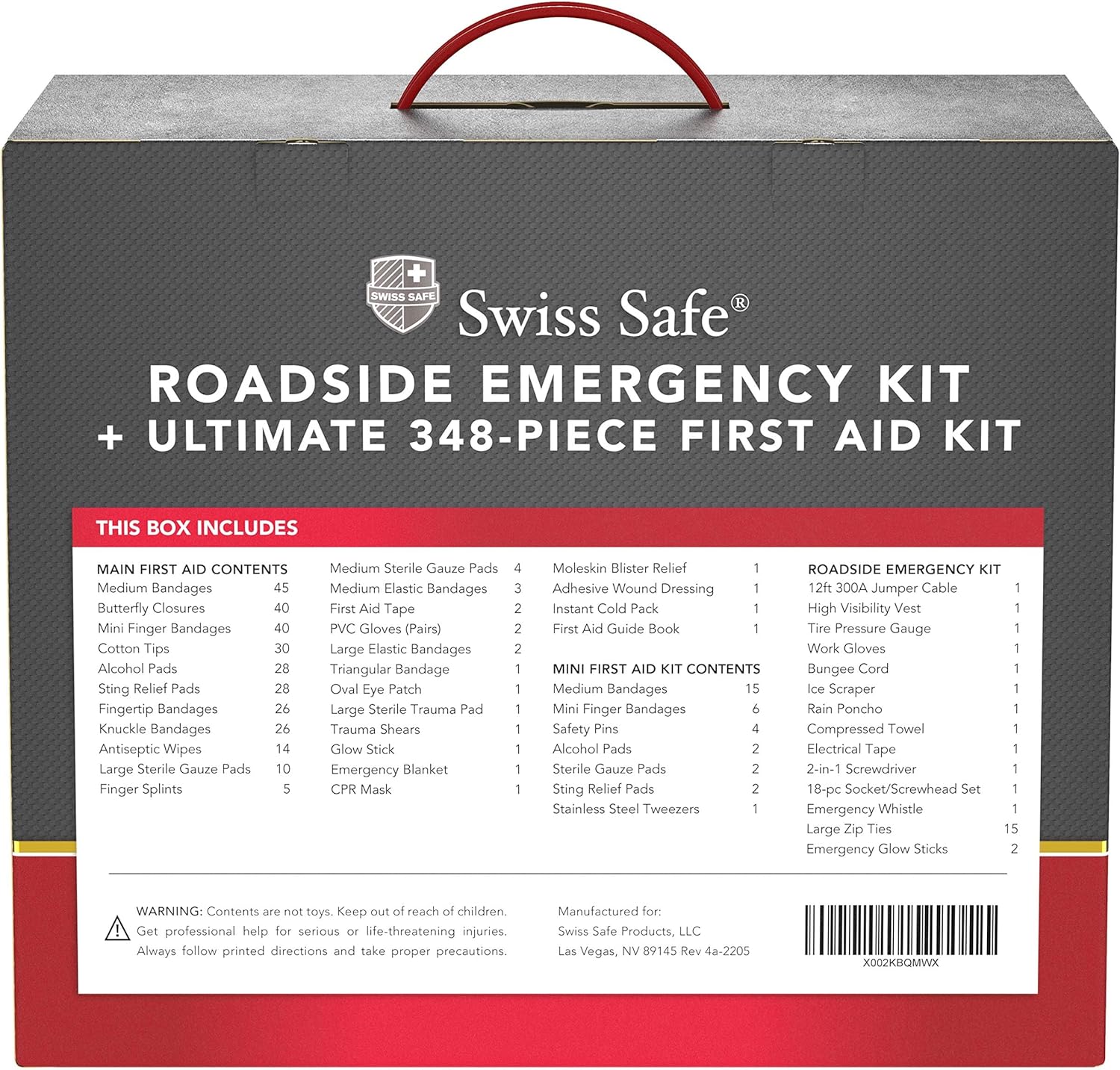 Swiss Safe 2-in-1 Car Emergency Kit | 12-FT Heavy-Duty Jumper Cables & 378-Piece Comprehensive Car First Aid Kit | Compact Roadside Auto Essentials for Vehicle Safety