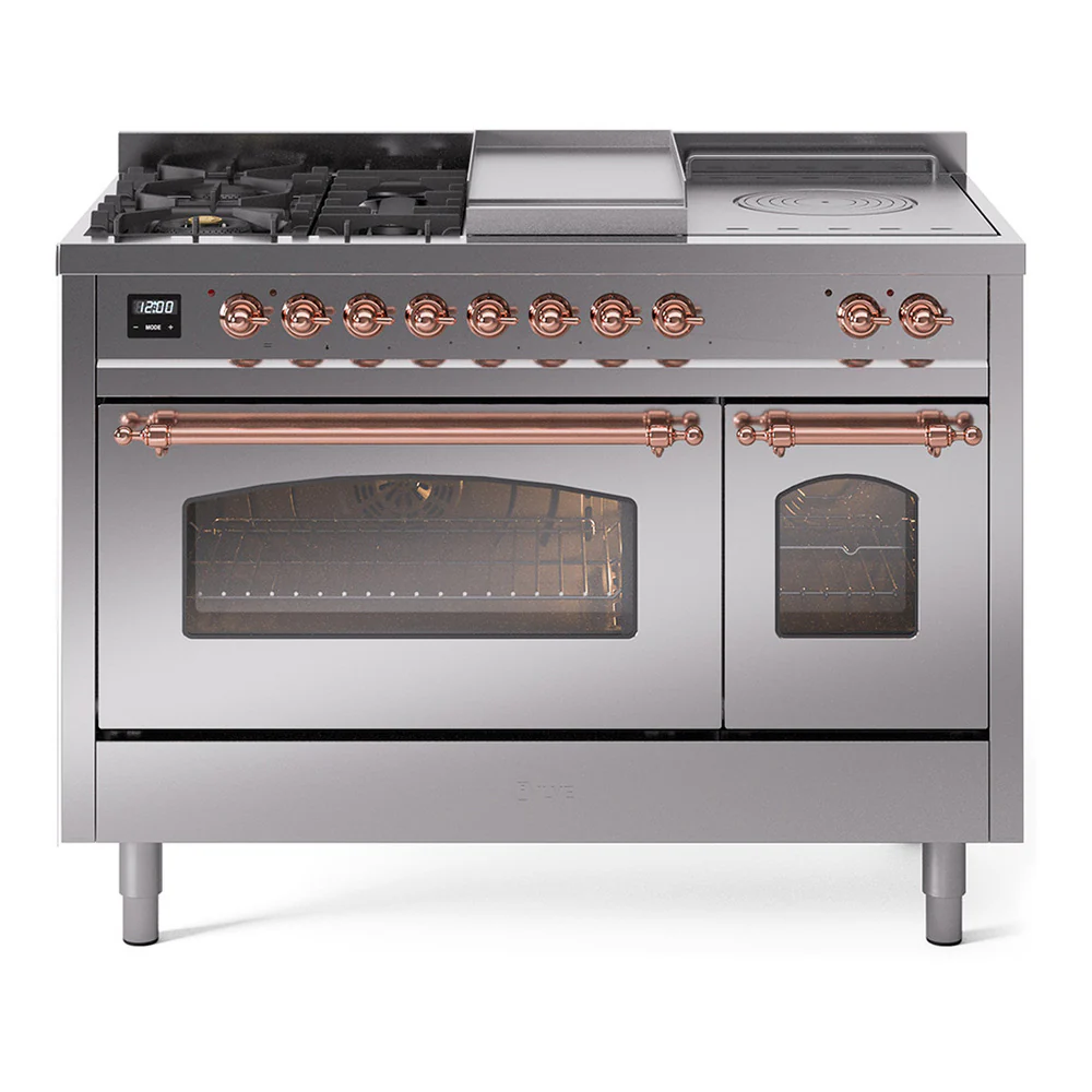 ILVE Nostalgie II 48-Inch Dual Fuel Range with 5 Burners, Griddle, & French Top with Triple Glass Door Oven in Stainless Steel with Copper Trim (UP48FSNMPSSP)