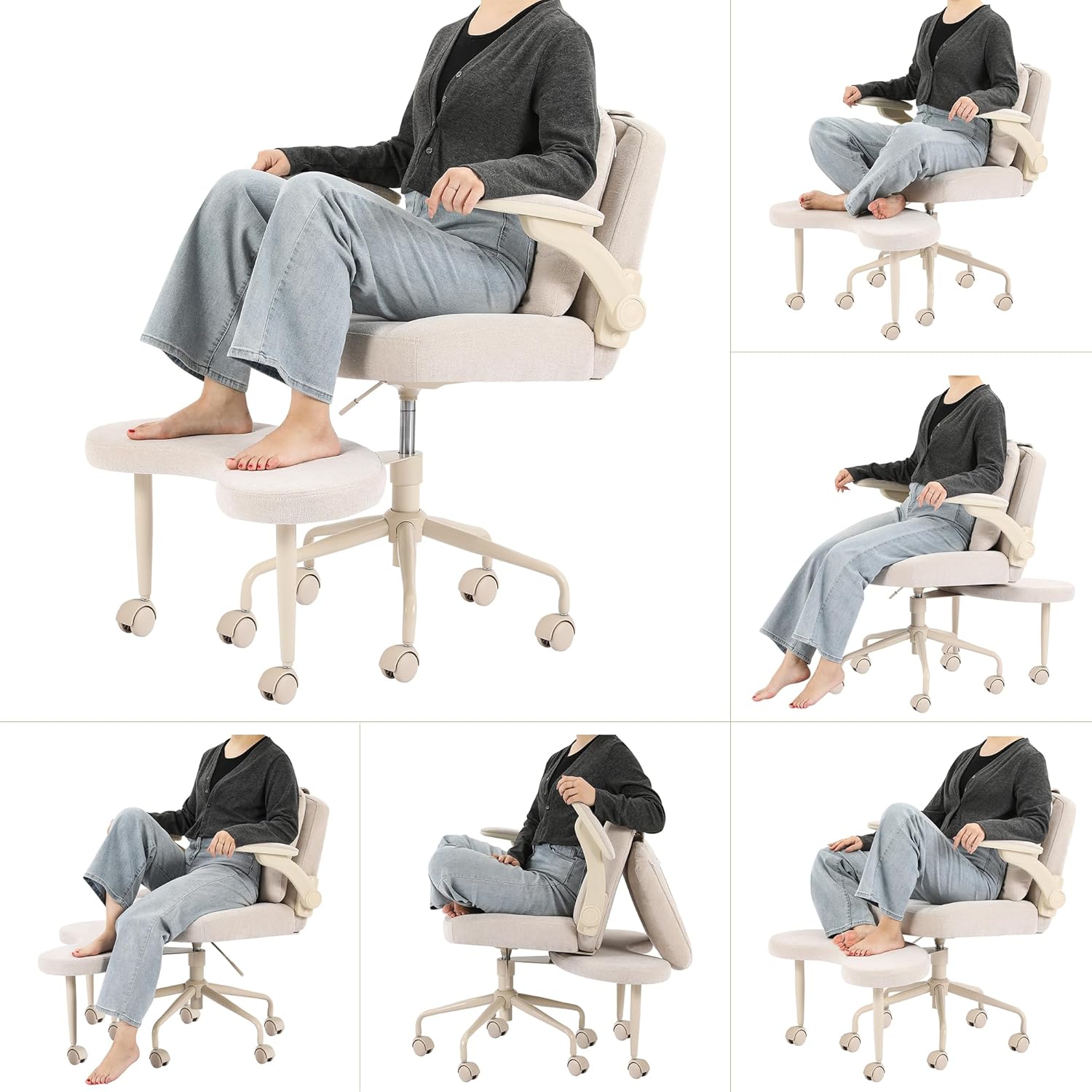 Pipersong Meditation Cross Legged Armchair, ADHD Chair with Adjustable Armrests, Criss Cross Desk Chair with Flexible Back Cushion, Swivel Footrest, Arm Support and Wheels for Home Office, Black