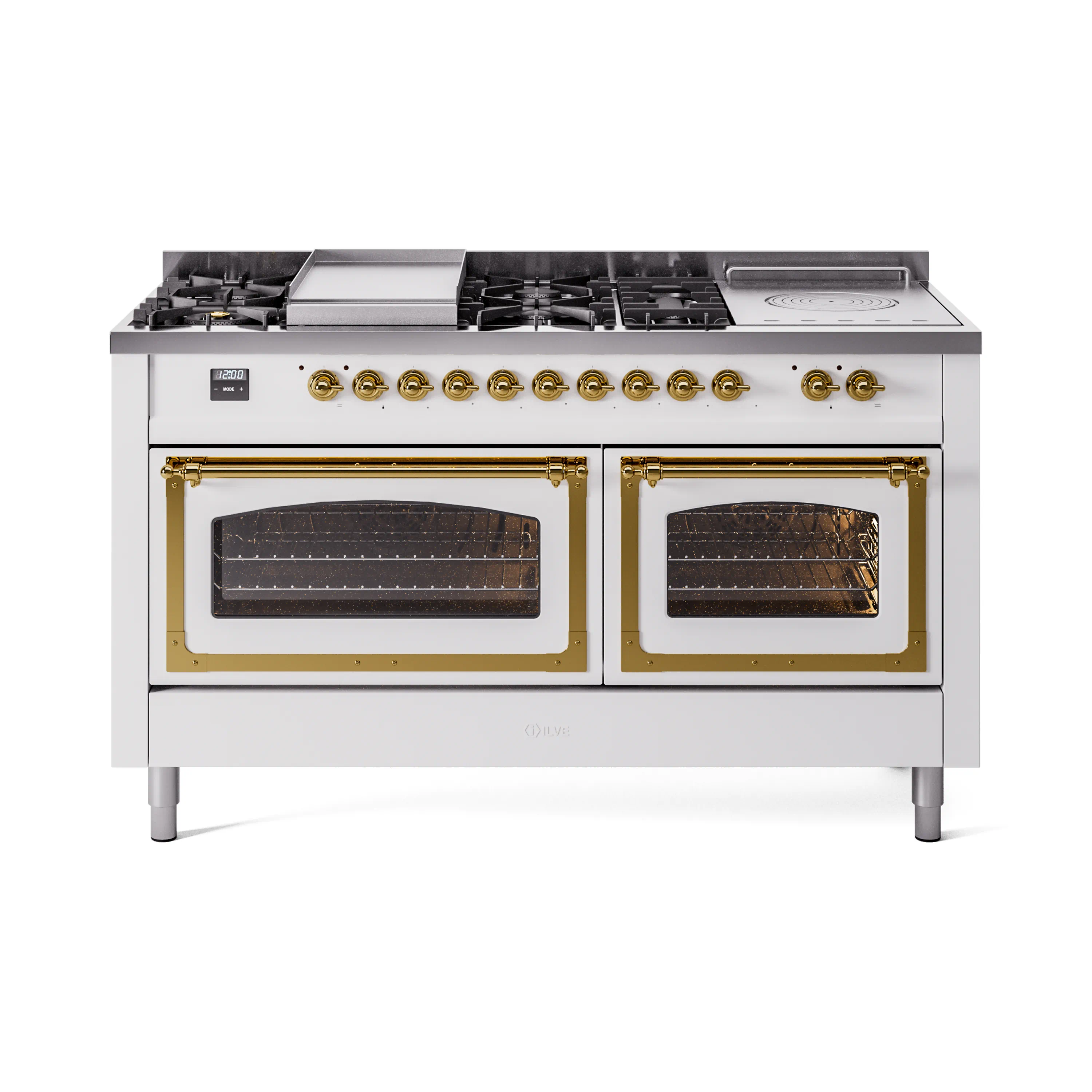 ILVE 60-Inch Nostalgie II Noblesse Dual Fuel Range with 7 Sealed Burners, Griddle, French Top, and Triple Glass Door Oven in White with Brass Trim (UN60FSNMPWHG)