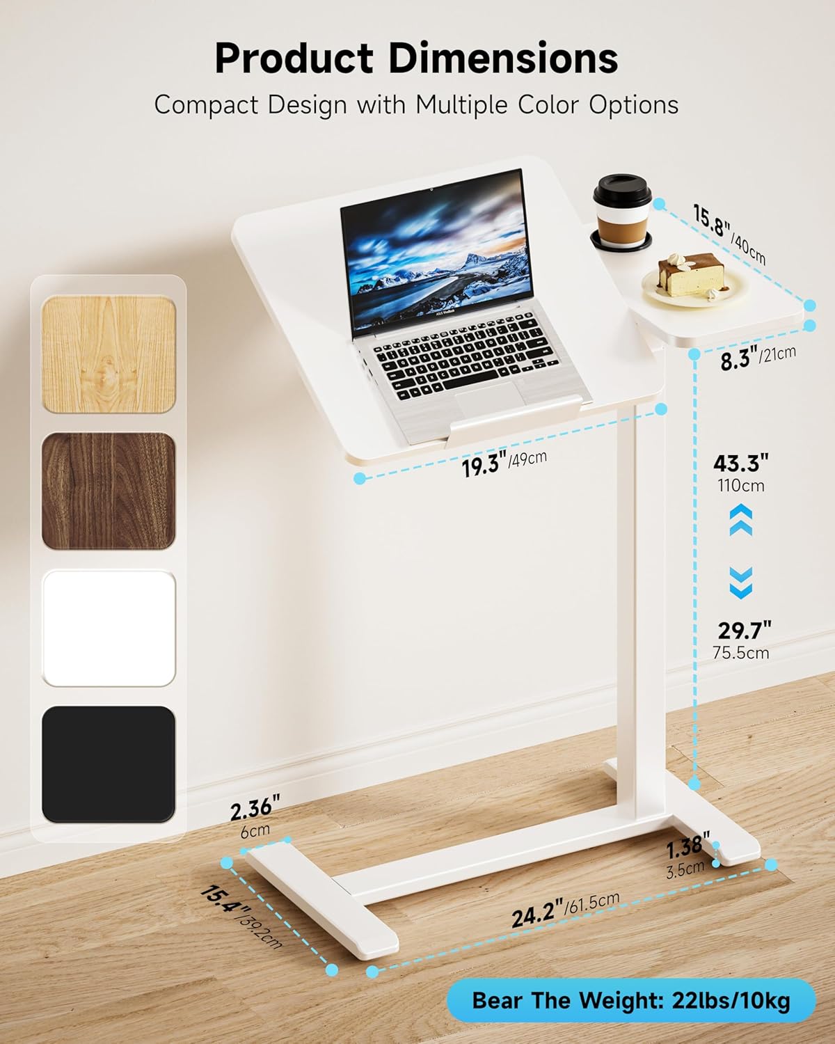 BZIUM Overbed Bedside Table with Hidden Wheels, Adjustable Medical Tilt Top Hospital Bed Table Over The Bed, Rolling Desk Mobile Standing Desk (27.6x15.8, White)