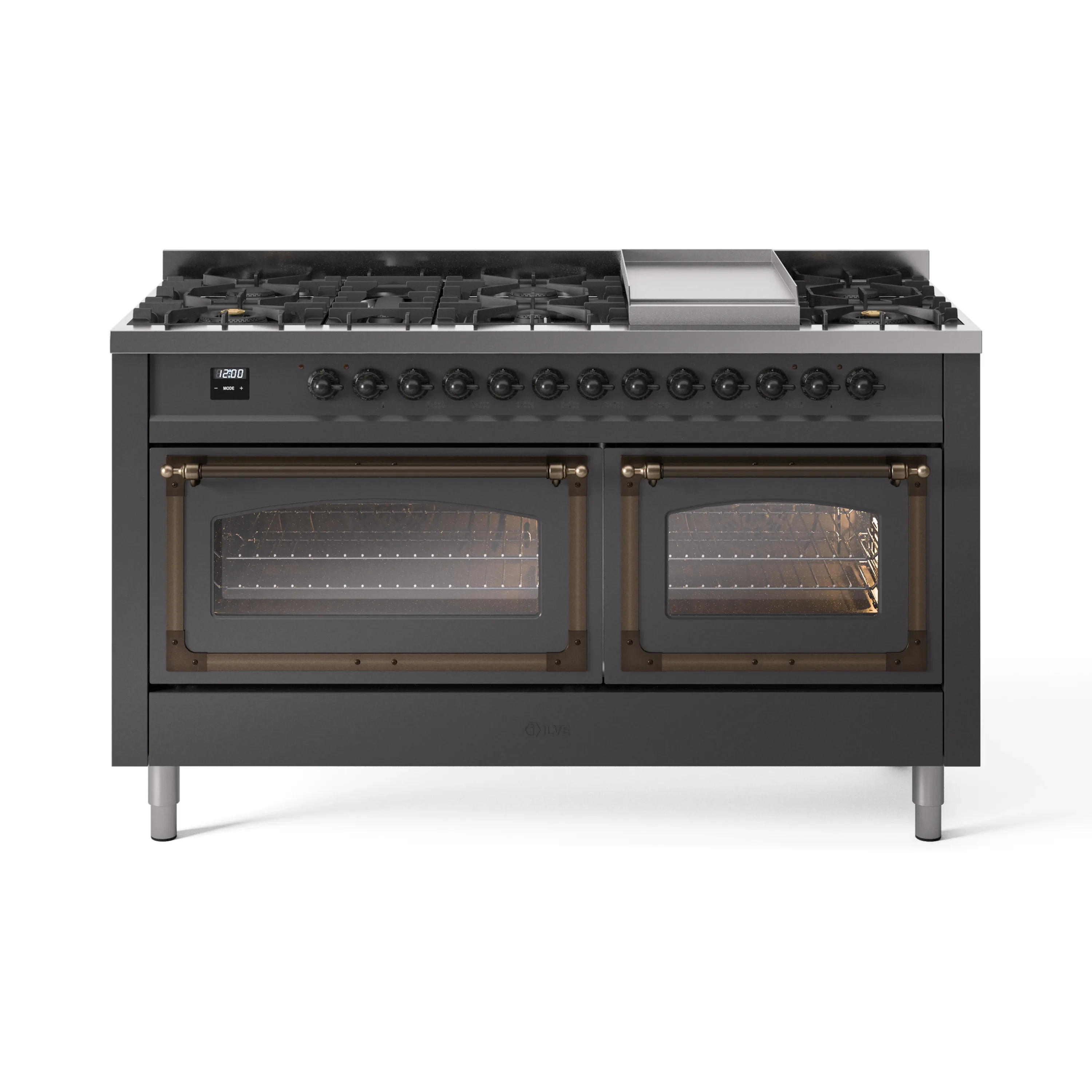 ILVE 60-Inch Nostalgie II Noblesse Dual Fuel Range with 9 Sealed Burners, Griddle, Triple Glass Door Oven in Matte Graphite with Bronze Trim (UN60FNMPMGB)