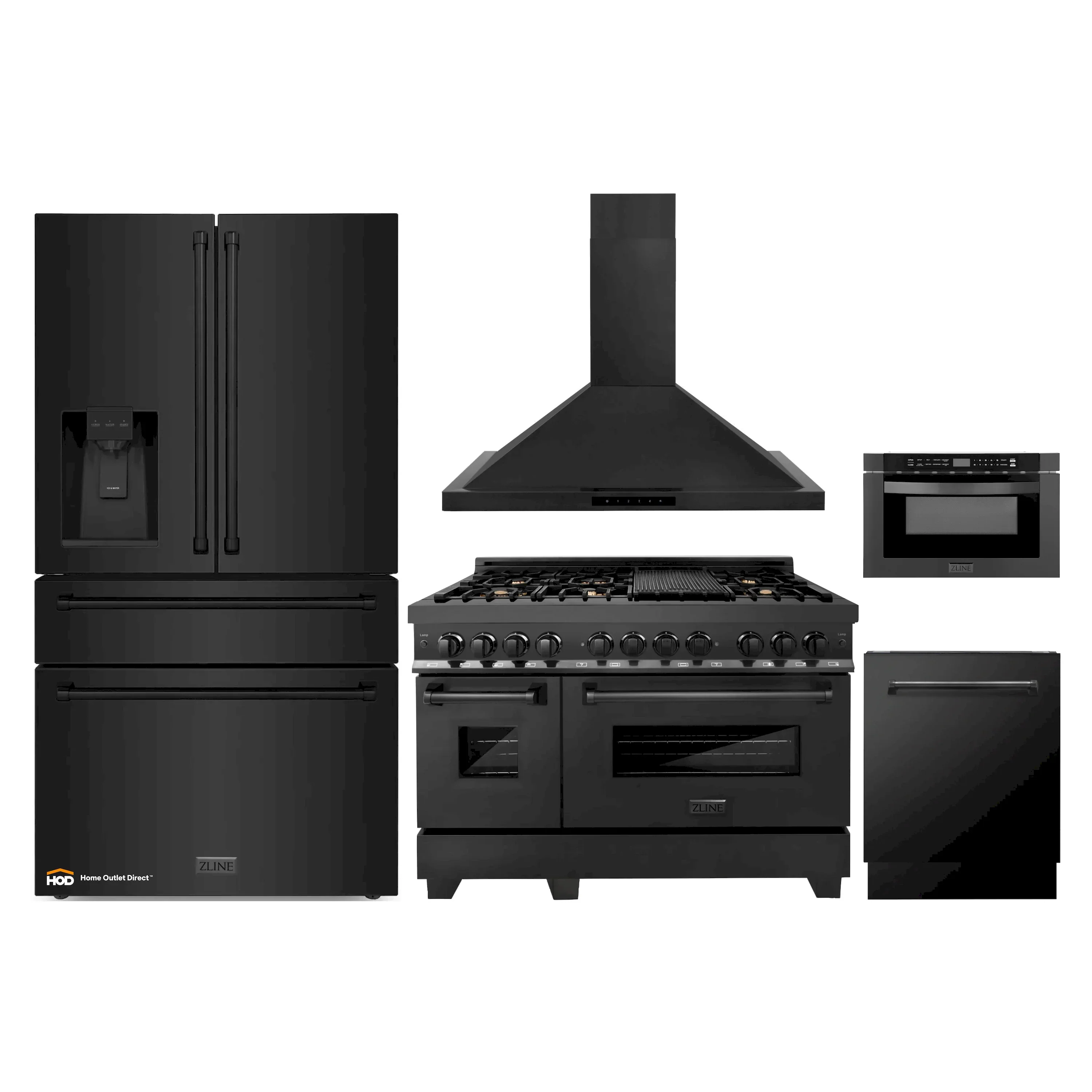 ZLINE 5-Piece Appliance Package - 48-Inch Dual Fuel Range, Refrigerator with Water Dispenser, Convertible Wall Mount Hood, Microwave Drawer, and 3-Rack Dishwasher in Black Stainless Steel