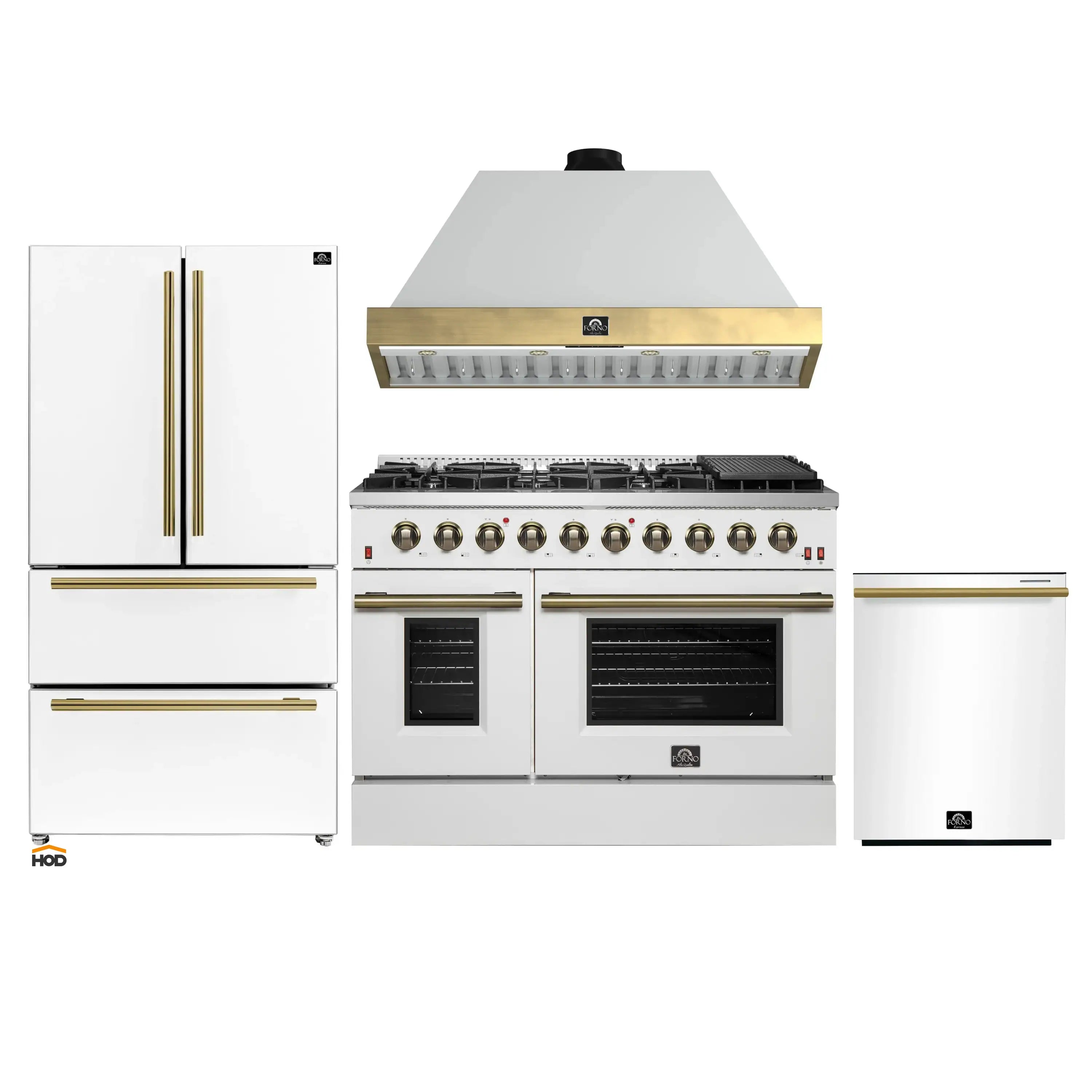 Forno Galiano 4-Piece Appliance Package - 48-Inch Gas Range, 48-Inch Hood, 36-Inch Refrigerator, & 24-Inch Dishwasher in White with Antique Brass Trim