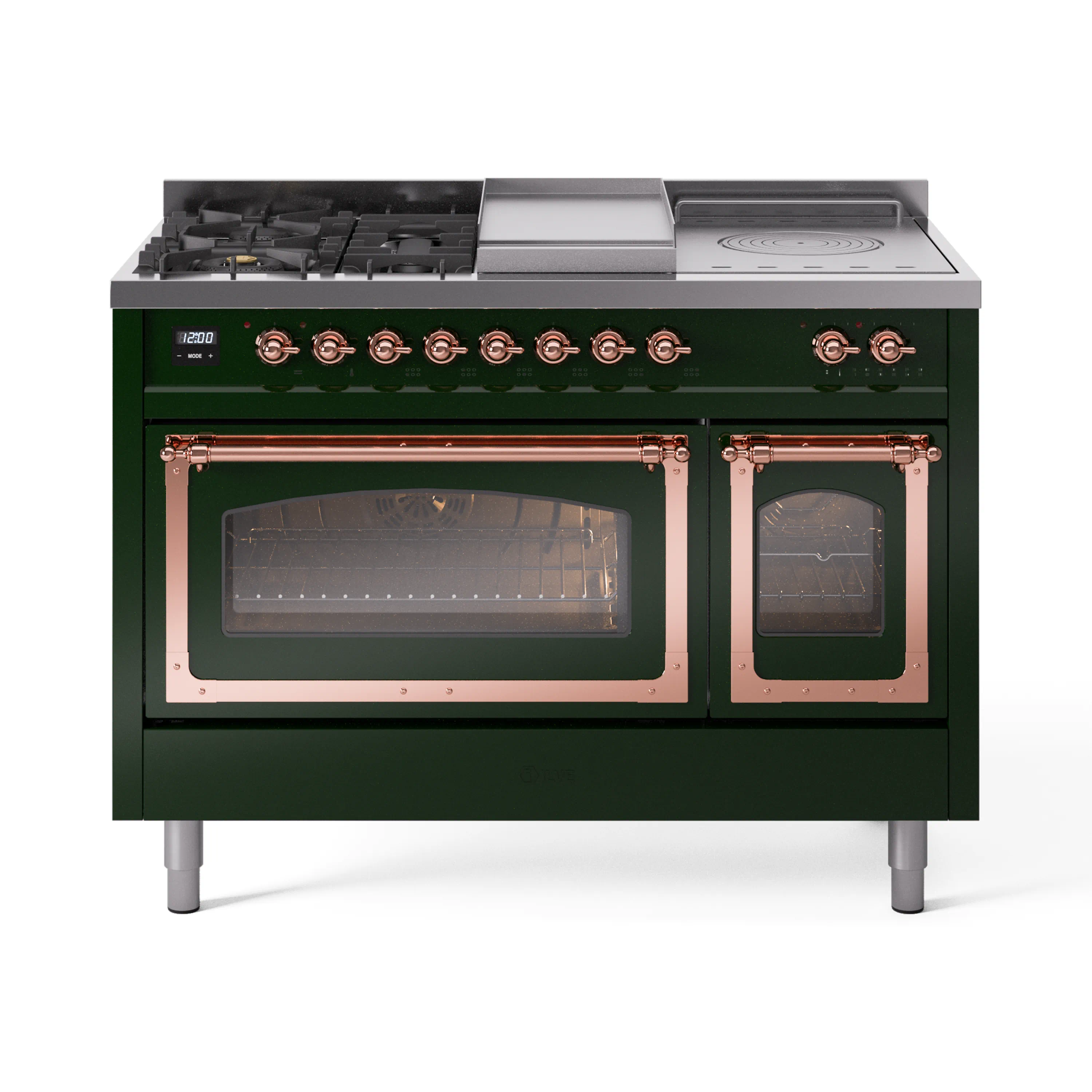 ILVE Nostalgie II Noblesse 48-Inch Dual Fuel Range with 5 Burners, Griddle, & French Top with Triple Glass Door Oven in Emerald Green with Copper Trim (UN48FSNMPEGP)