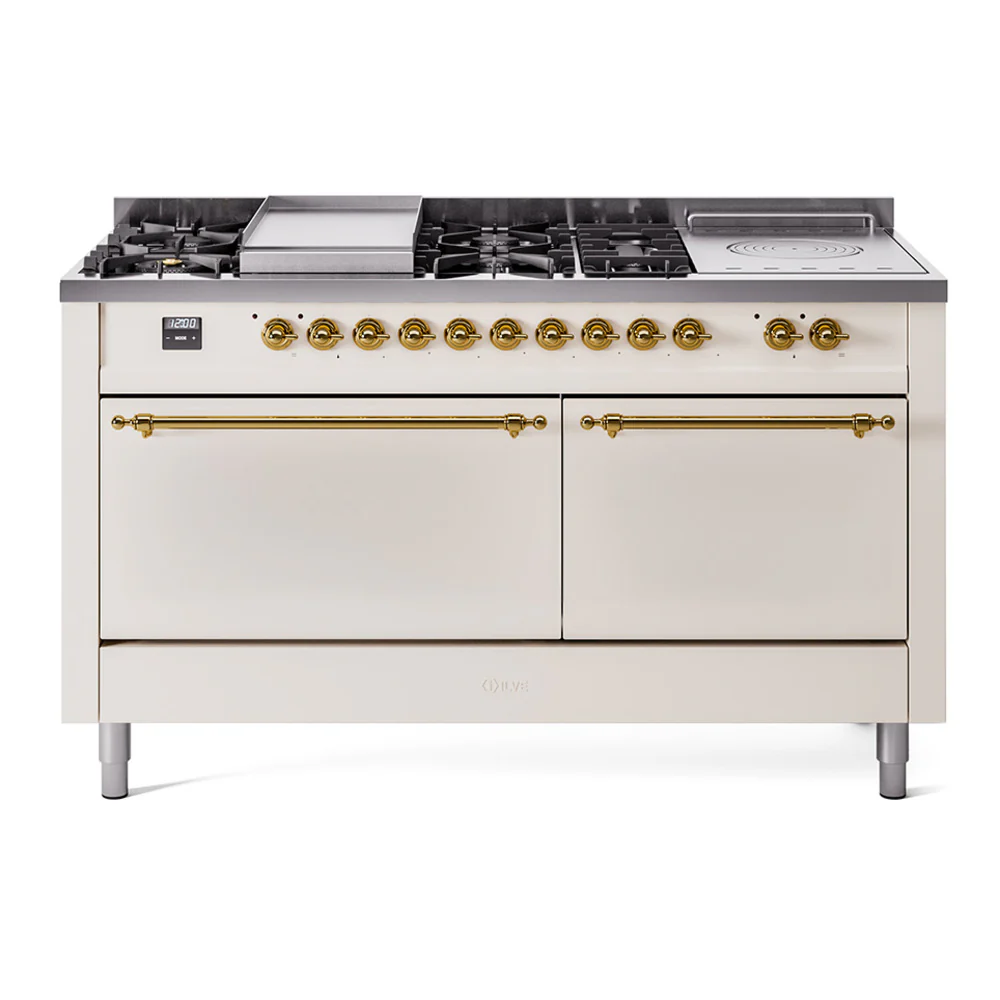ILVE Nostalgie II 60-Inch Dual Fuel Range with 7 Burners, Griddle, & French Top with Solid Door Oven in Antique White with Brass Trim (UP60FSQNMPAWG)