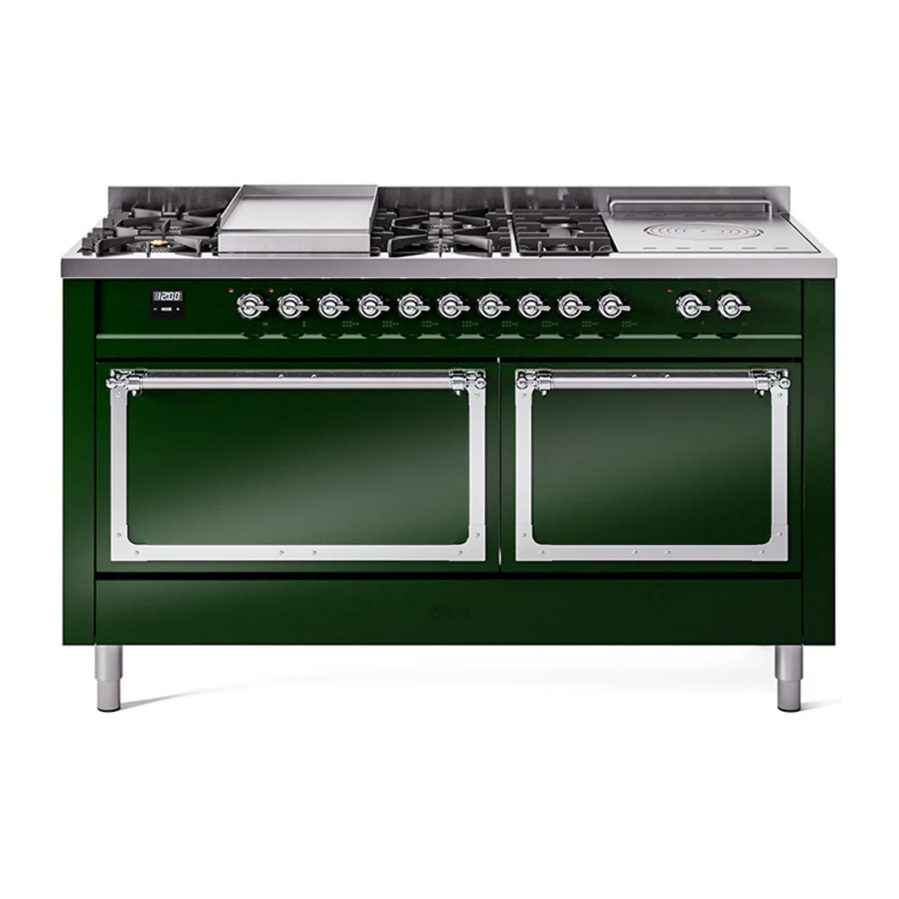 ILVE 60-Inch Nostalgie II Noblesse Dual Fuel Range with 7 Sealed Burners, Gridlde, French Top, and Solid Door Oven in Emerald Green with Chrome Trim (UN60FSQNMPEGC)