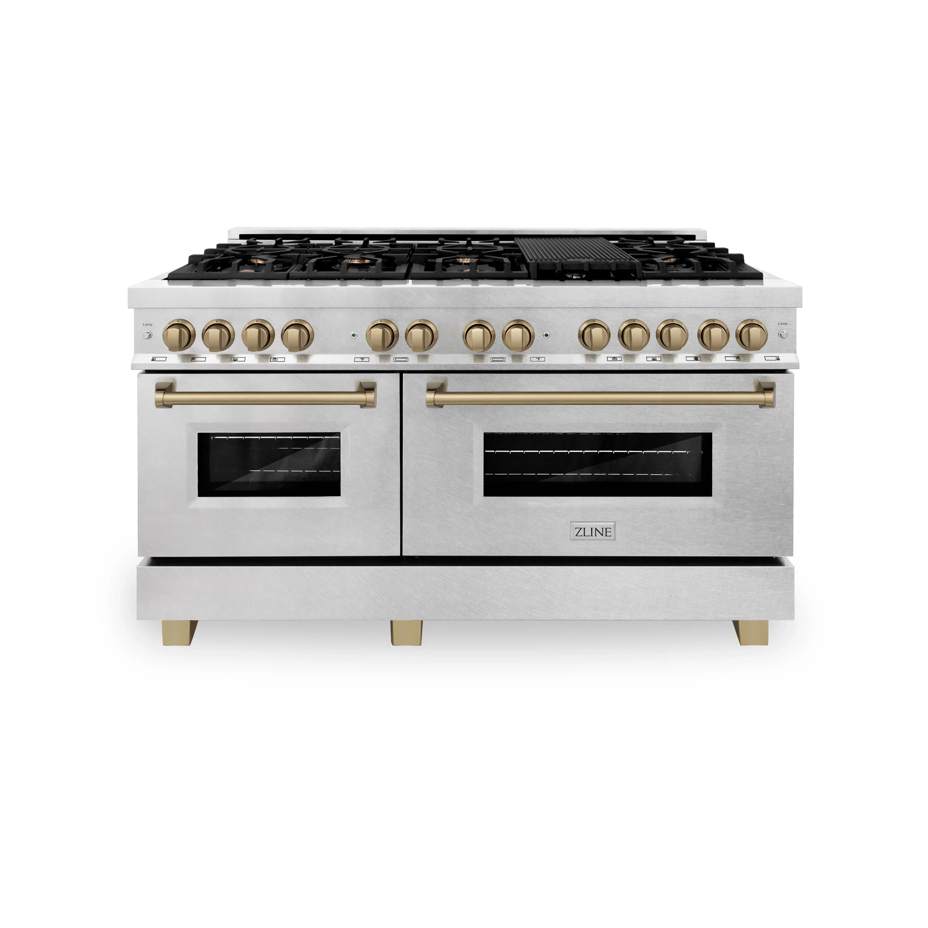 ZLINE Legacy Series Autograph Edition 60-inch Dual Fuel Range with Gas Stove and 7.4 Cu. Ft. Electric Oven in Fingerprint Resistant Satin Stainless Steel with Champagne Bronze Accents (RASZ-SN-60-CB)