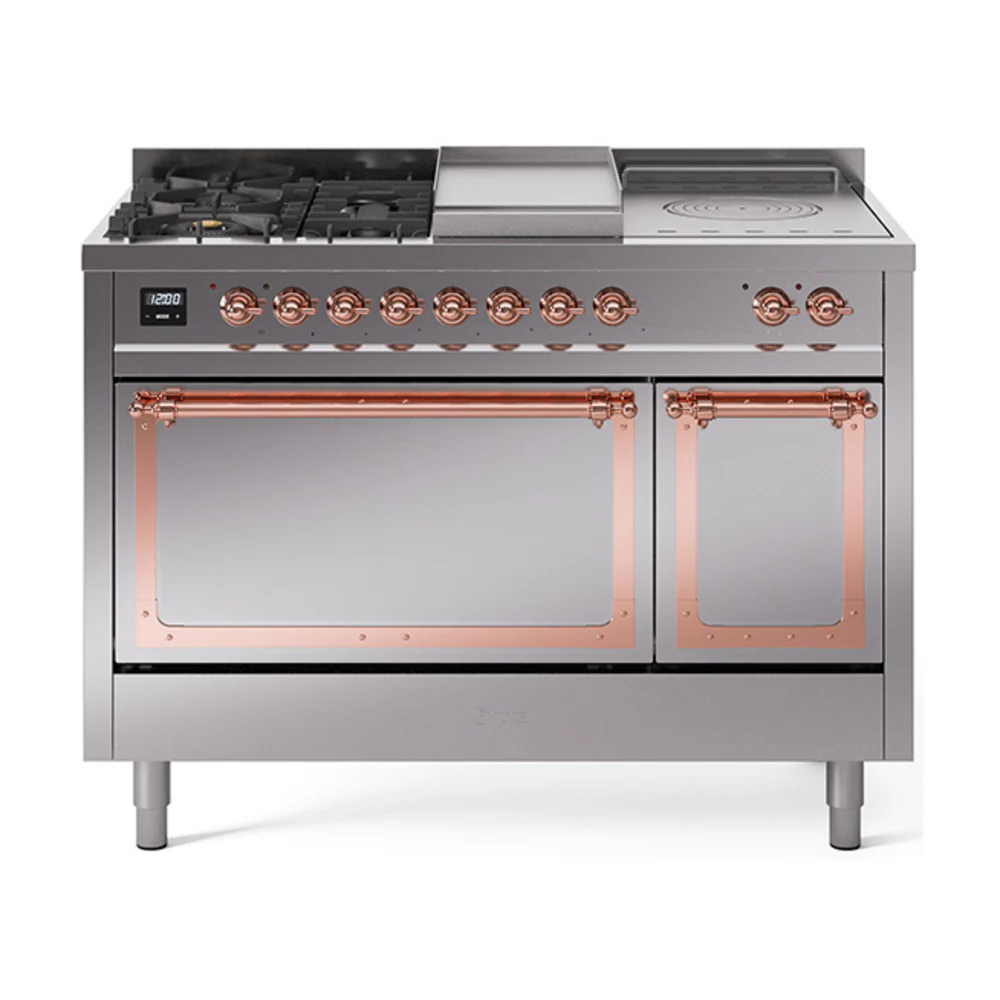 ILVE 48-Inch Nostalgie II Noblesse Dual Fuel Range with 5 Sealed Burners, Griddle, French Top and Solid Door Oven in Stainless Steel with Copper Trim (UN48FSQNMPSSP)