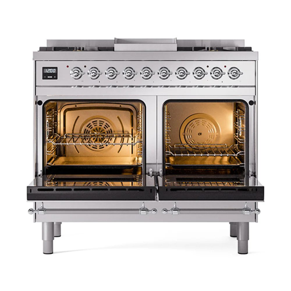 ILVE 40-Inch Nostalgie II Dual Fuel Range with 6 Burners, Griddle and Solid Door Oven in Stainless Steel with Chrome Trim (UPD40FQNMPSSC)