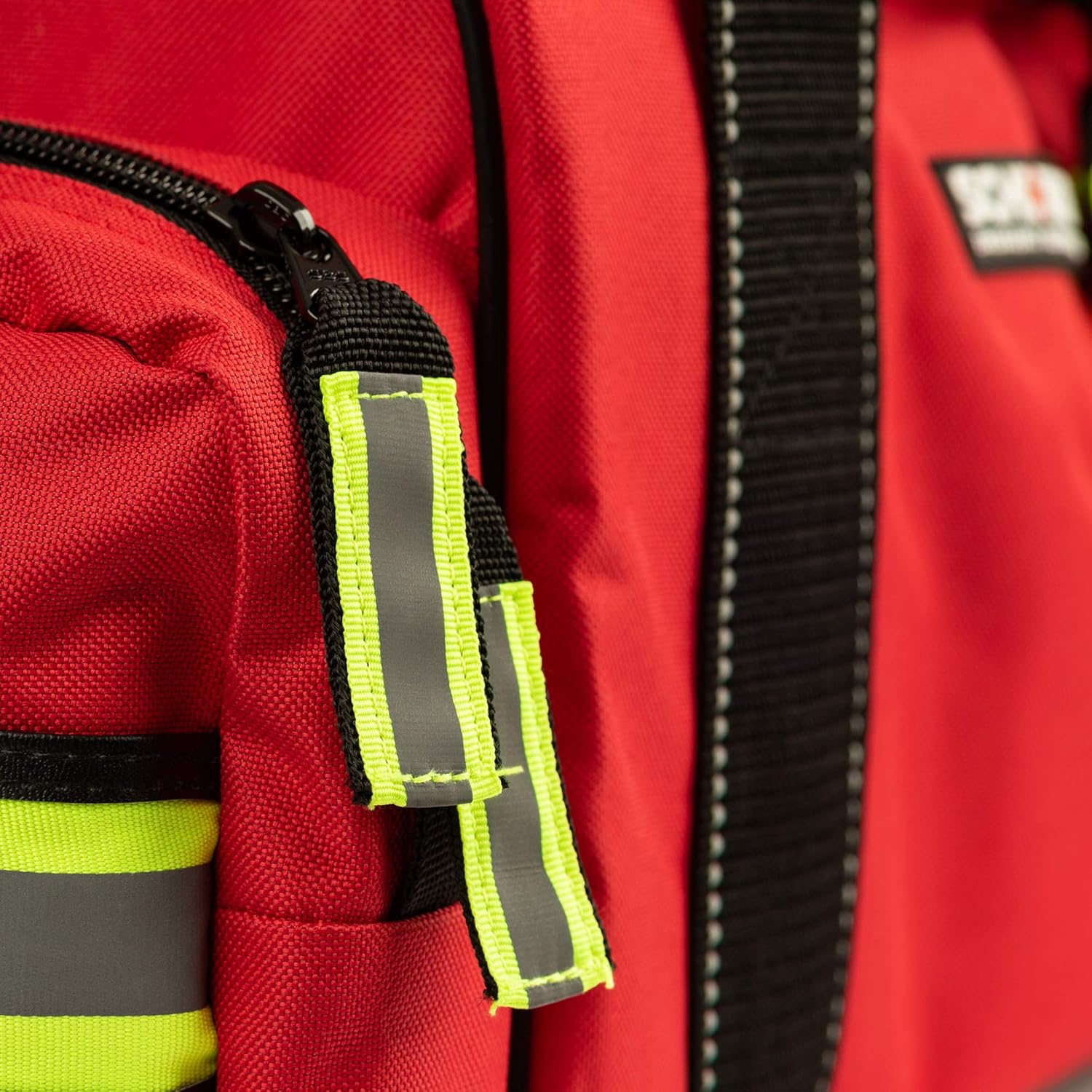 Scherber First Responder Fully-Stocked Large Professional Essentials EMT/EMS Trauma Kit | HSA/FSA Approved | Reflective Bag w/8 Zippered Pockets & Compartments & 250+ First Aid Supplies (Red)