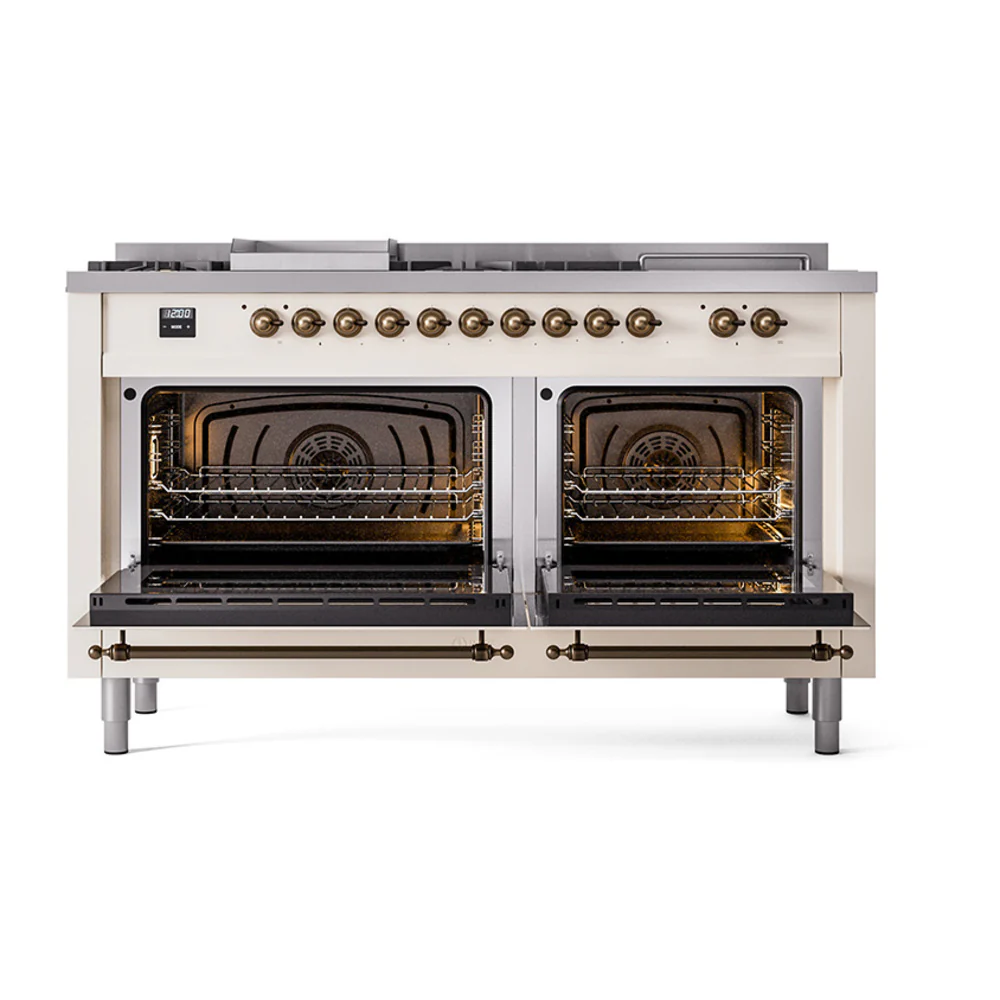 ILVE Nostalgie II 60-Inch Dual Fuel Range with 7 Burners, Griddle, & French Top with Solid Door Oven in Antique White with Bronze Trim (UP60FSQNMPAWB)