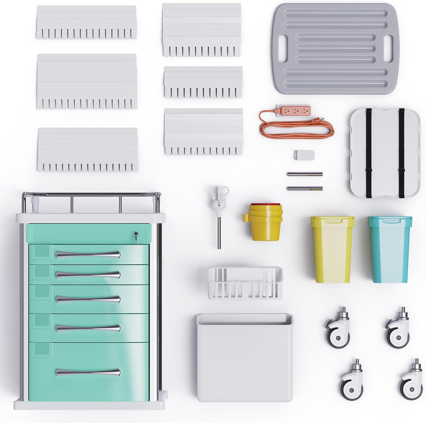 Rolling Crash Cart Medical with Drawers - Adjustable IV Pole, Silent Casters, Needle Disposal Holder, Trash Bin, O2 Holder, Utility Trolley Cart for Clinic, Hospital, Salon, Lab