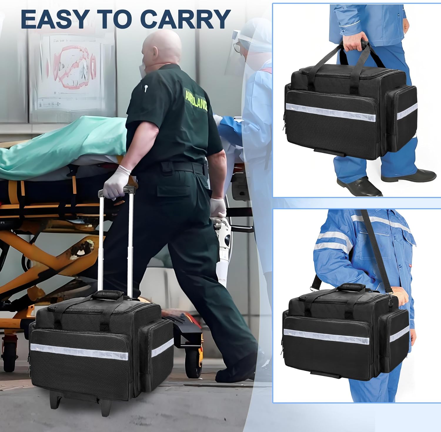 Damero Rolling Medical Bag with Detachable Trolley, Empty Emergency Response Supplies Bag with Removable Dividers, Medical Equipment Storage Bag for Home Health Nurses, Doctors, EMT, EMS, Black