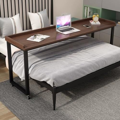 Overbed Table with Wheels, Adjustable Height Laptop Desk for Bed, Rolling Bed Baffles Eating, Working, Reading, Hospital & Home Use(Walnut+Black,170cm)