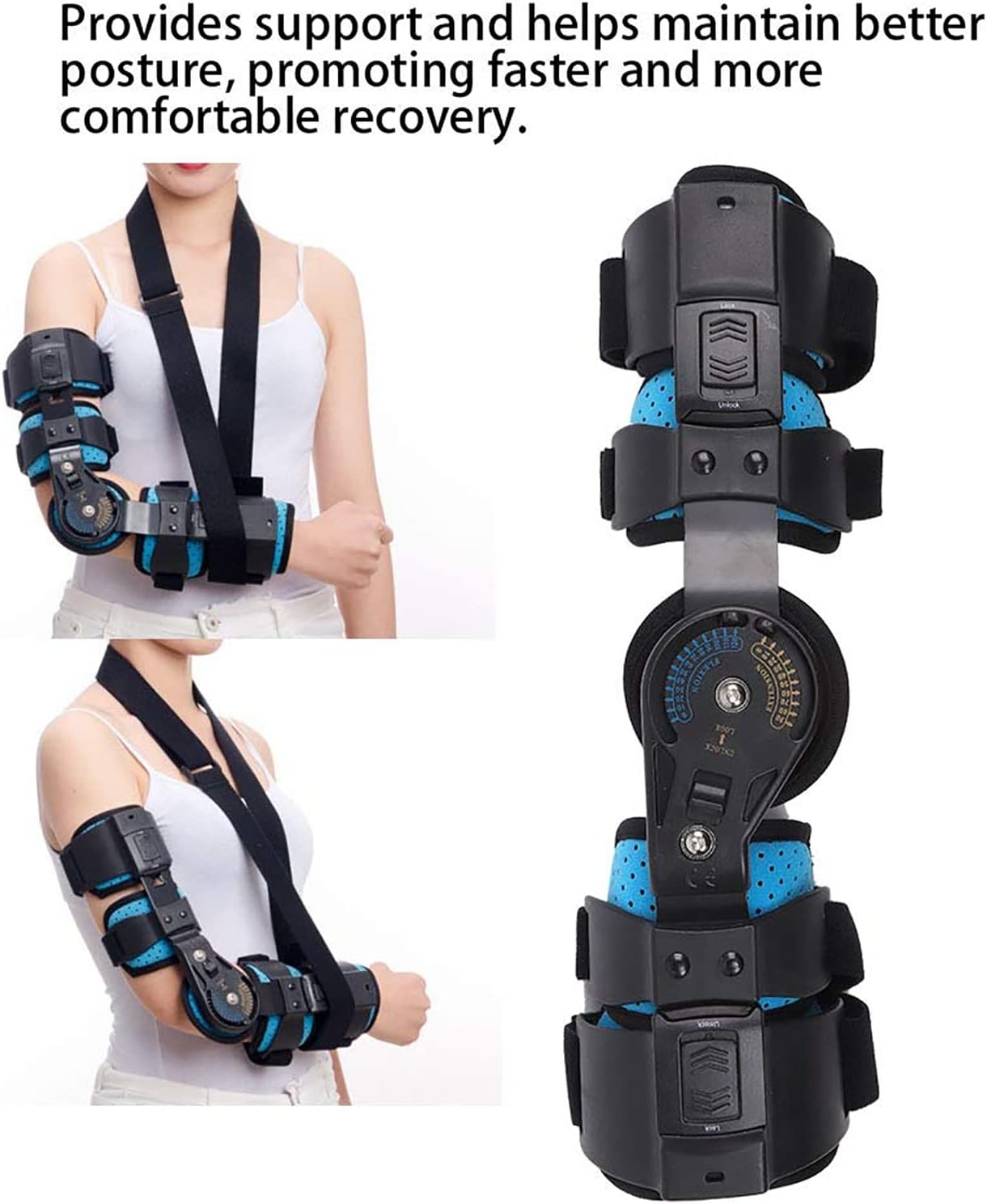 Hinged Elbow Brace, Adjustable Telescoping Post Op Arm Splint, with Sling Stabilizer Arm Orthosis, for Dislocatedand, Arm Injury Recovery, Support After Surgery,Left