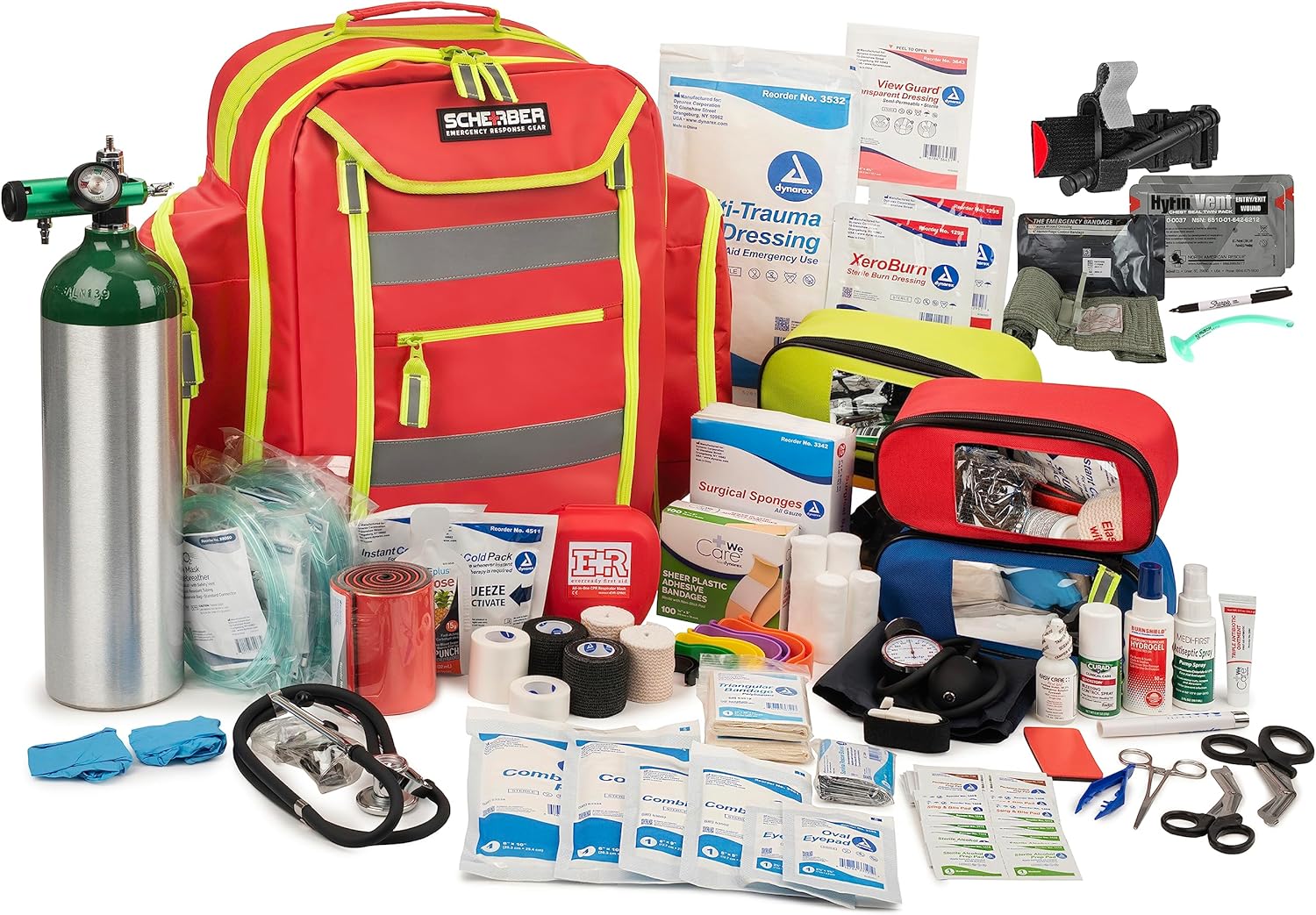 Scherber Fully-Stocked Premium First Responder Backpack | EMT/EMS Medic Trauma, Bleeding & Oxygen Medical Kit | CAT Tourniquet, QuikClot 4x4, HyFin Chest Seal & 250+ First Aid Supplies - Red