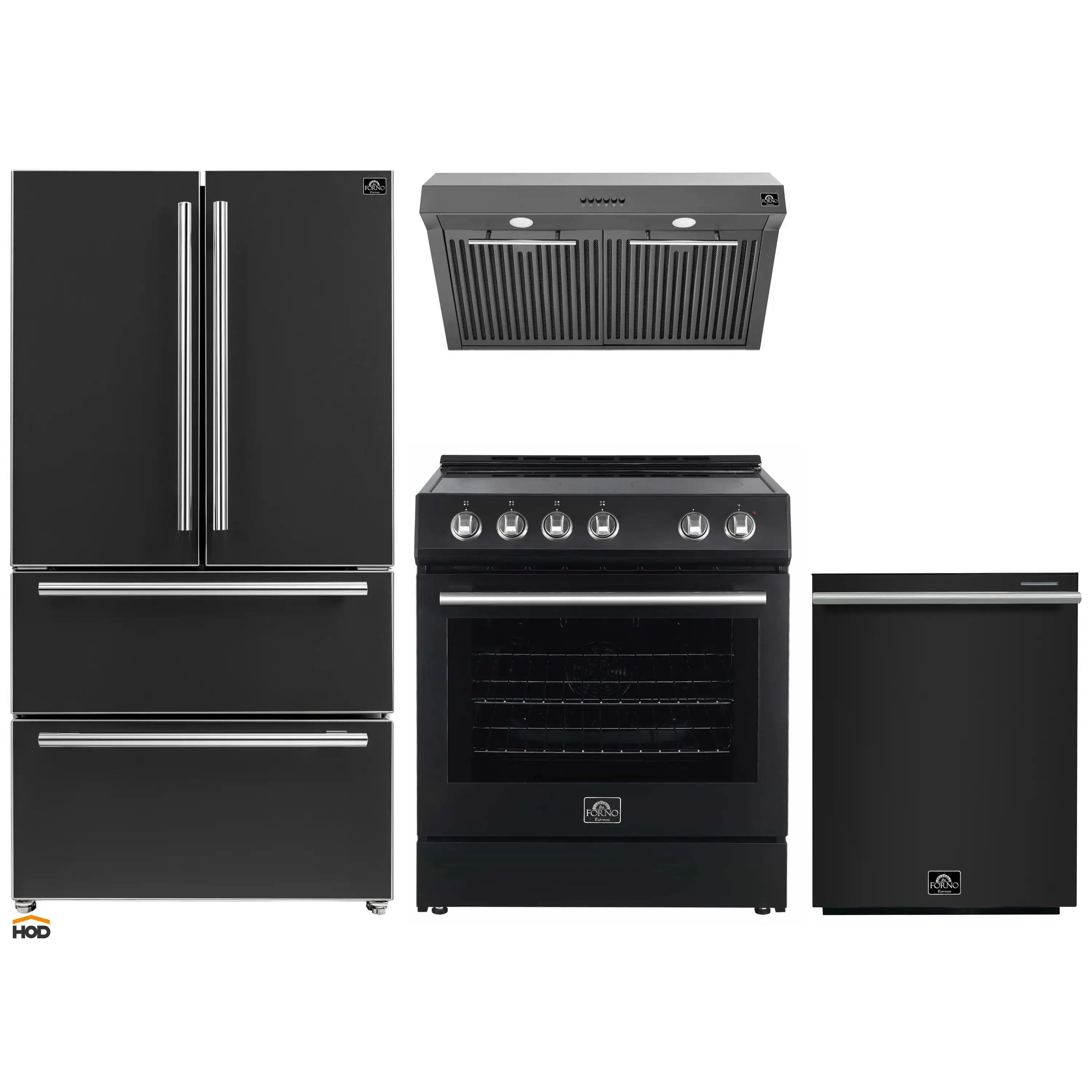 Forno Espresso 4-Piece Appliance Package - 30-Inch Electric Range, Under Cabinet Range Hood, Refrigerator and Dishwasher in Black with Stainless Steel Trim